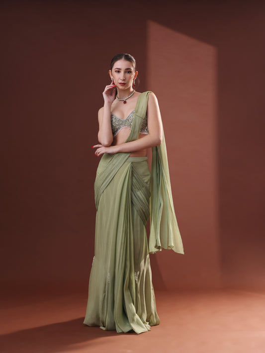 Pista Green Chiffon Pre-Stitched Saree Set