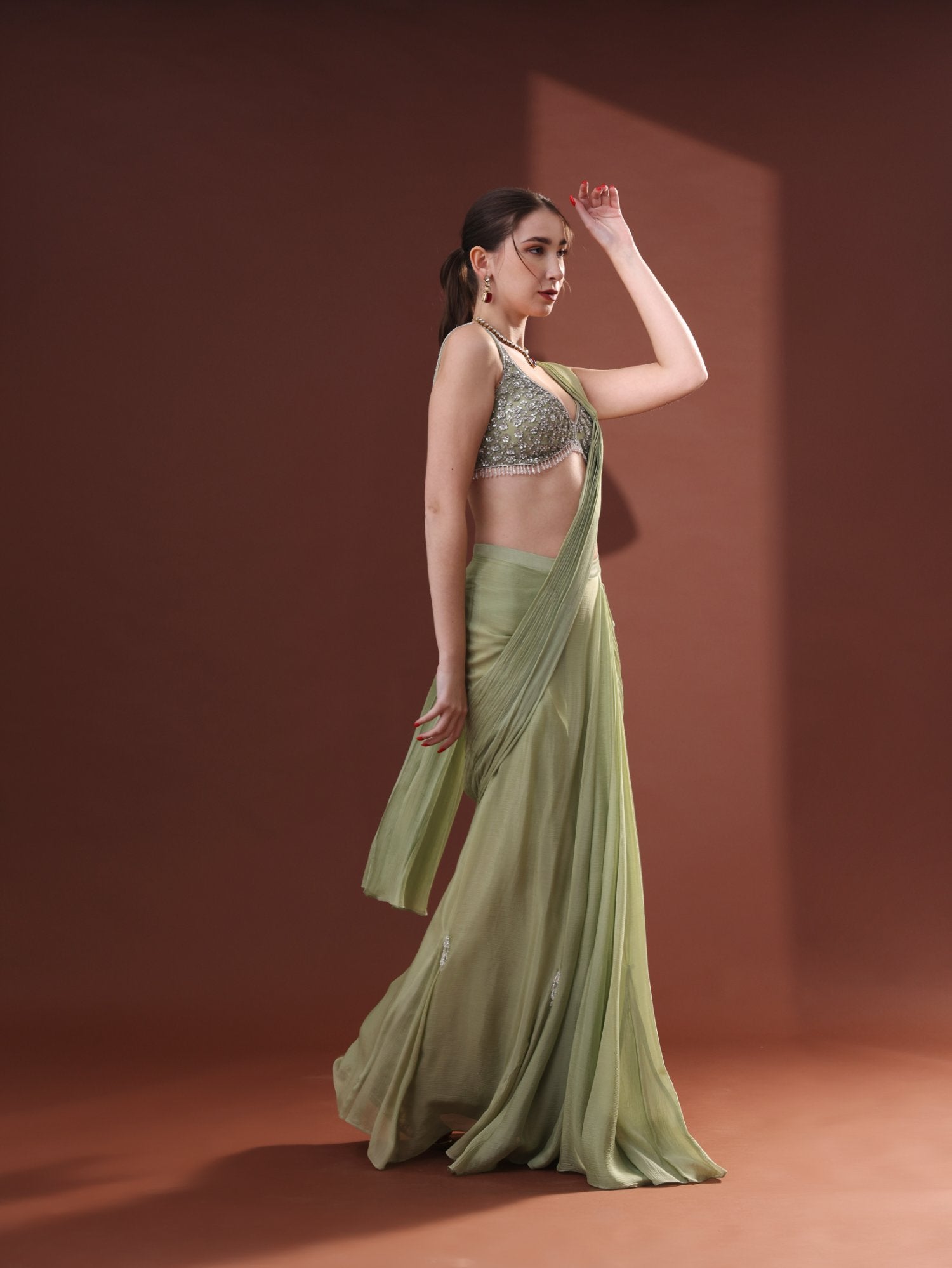 Pista Green Chiffon Pre-Stitched Saree Set