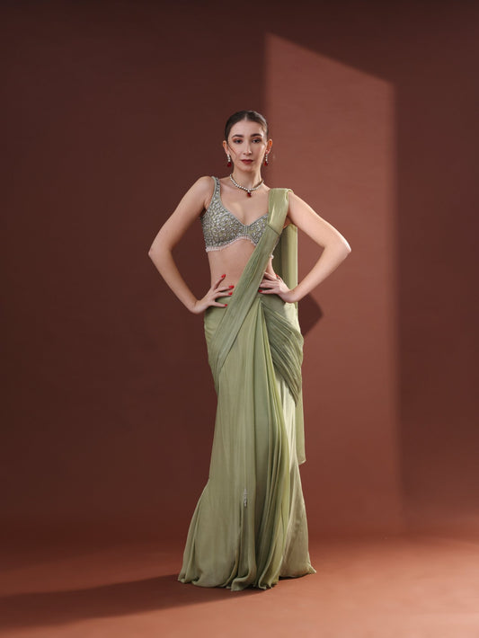 Pista Green Chiffon Pre-Stitched Saree Set