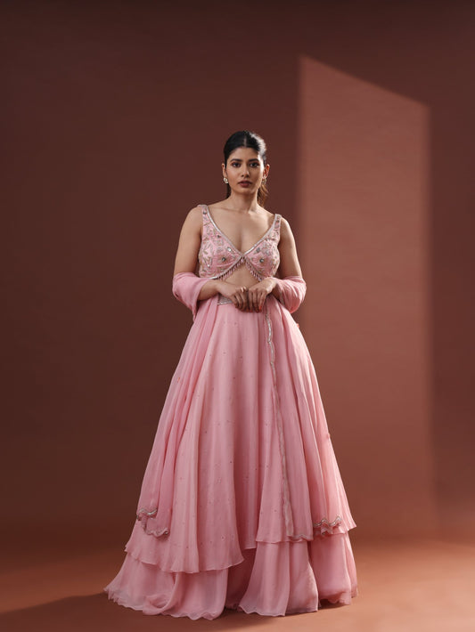 Blush Pink Organza Tiered Lehenga Set