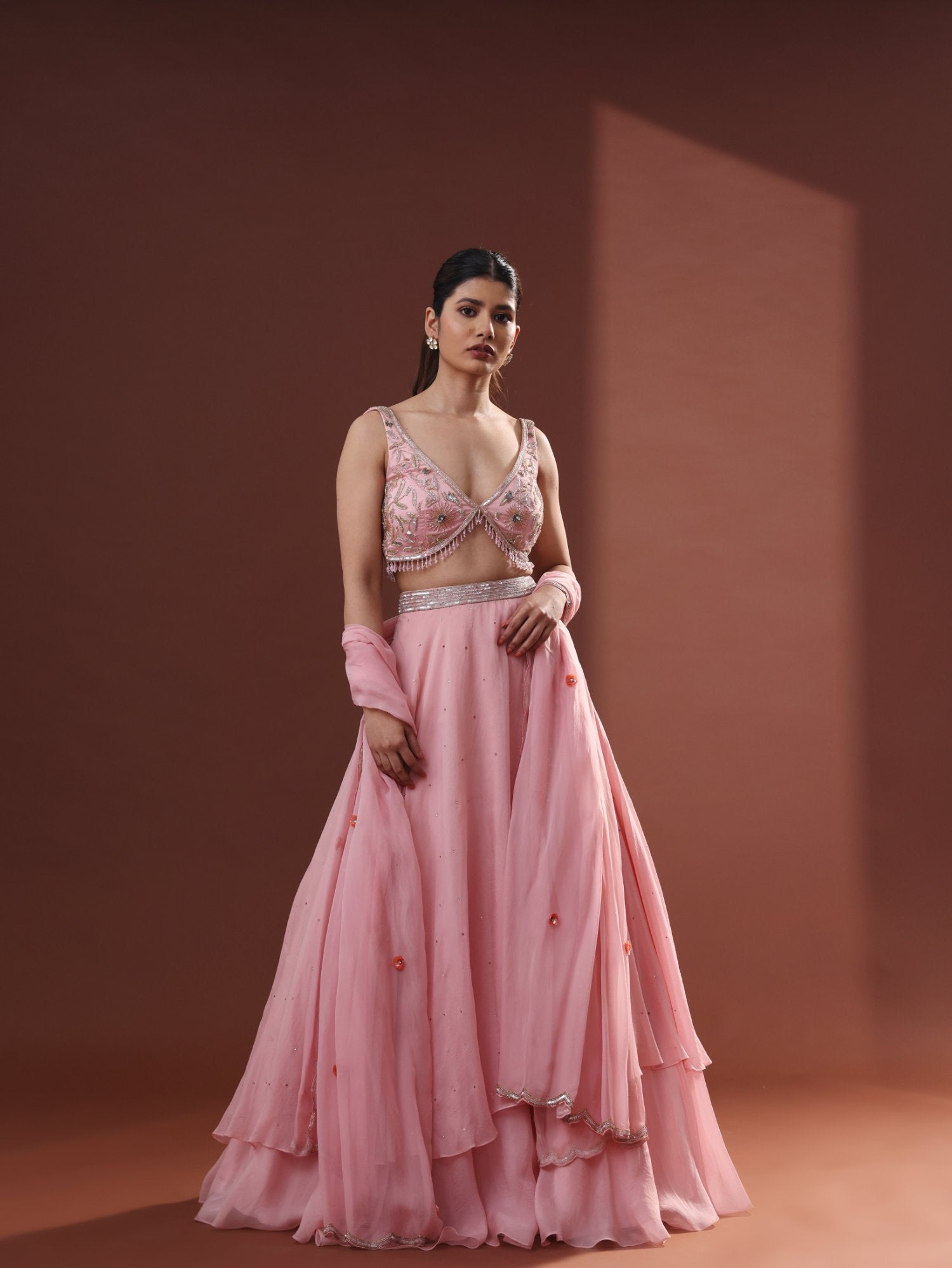 Blush Pink Organza Tiered Lehenga Set