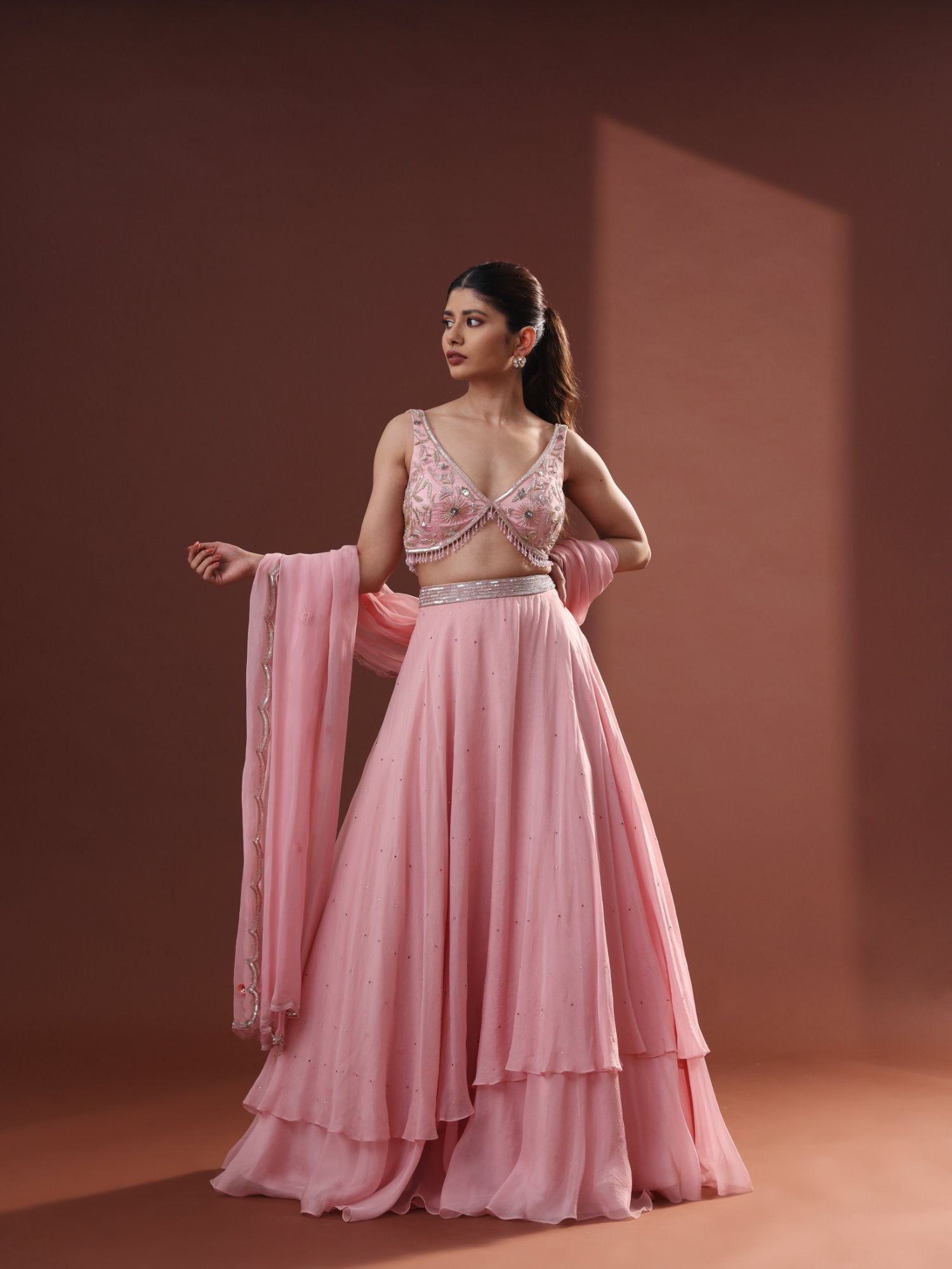 Blush Pink Organza Tiered Lehenga Set