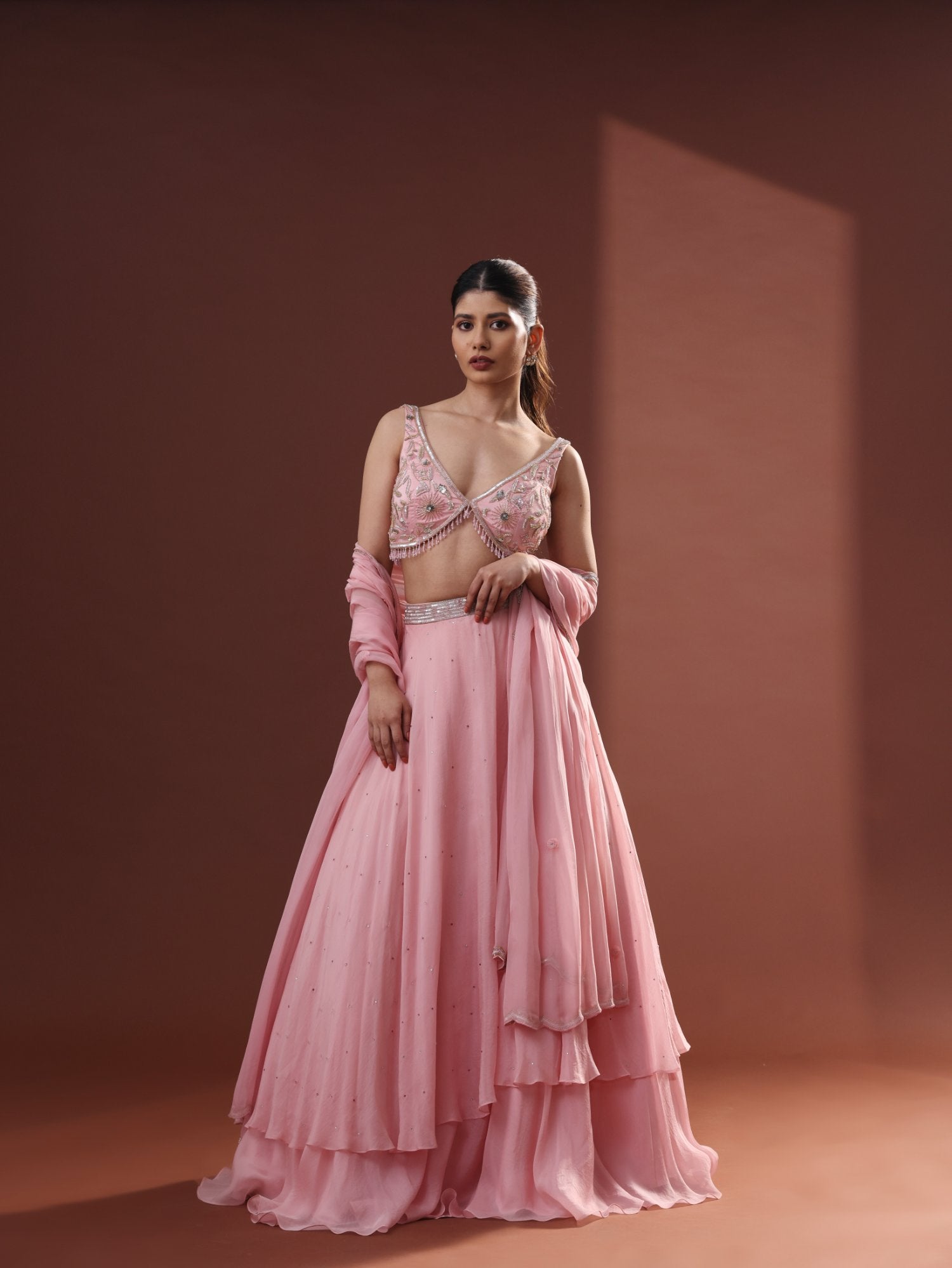 Blush Pink Organza Tiered Lehenga Set