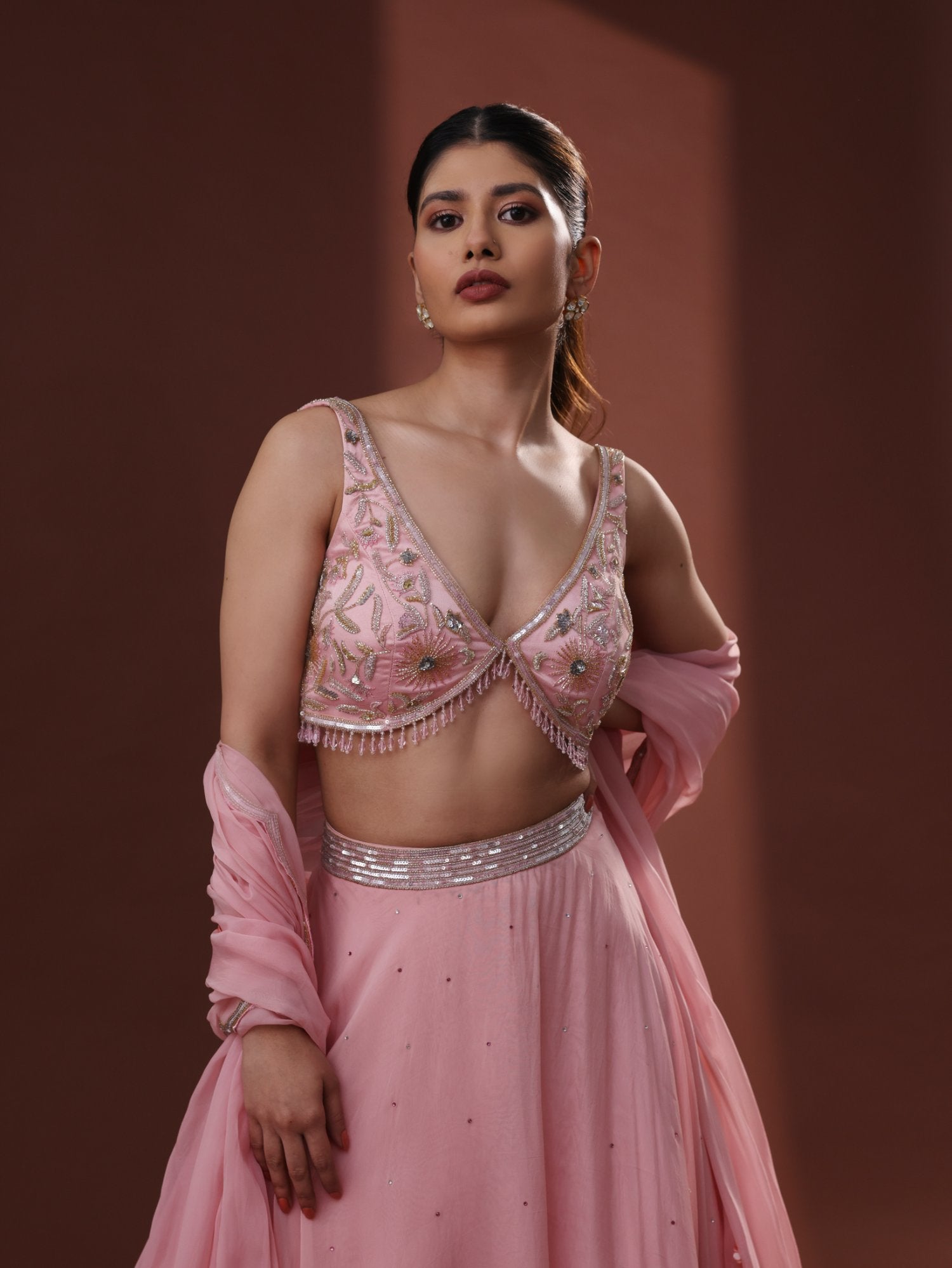 Blush Pink Organza Tiered Lehenga Set