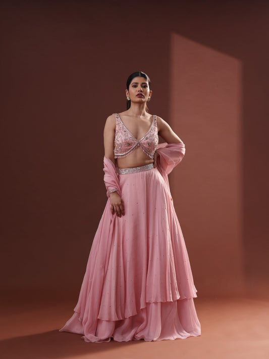 Blush Pink Organza Tiered Lehenga Set