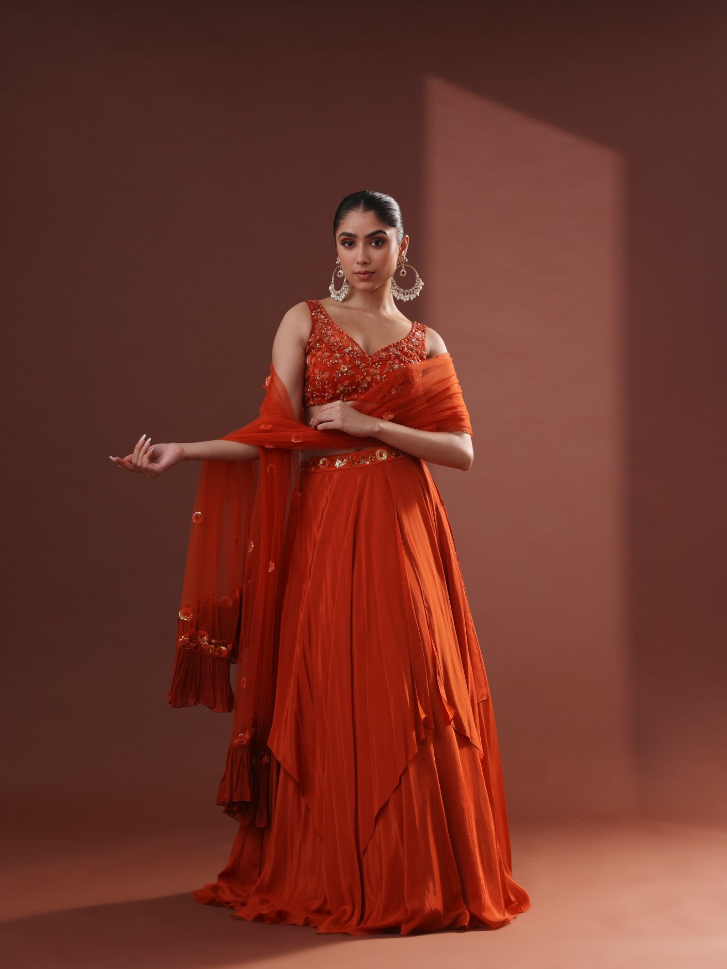 Burnt Orange Crepe Asymmetrical Lehenga Set