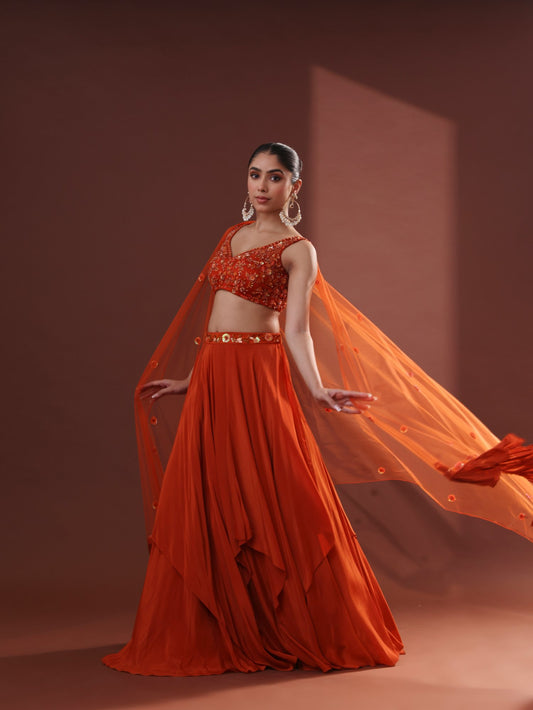 Burnt Orange Crepe Asymmetrical Lehenga Set