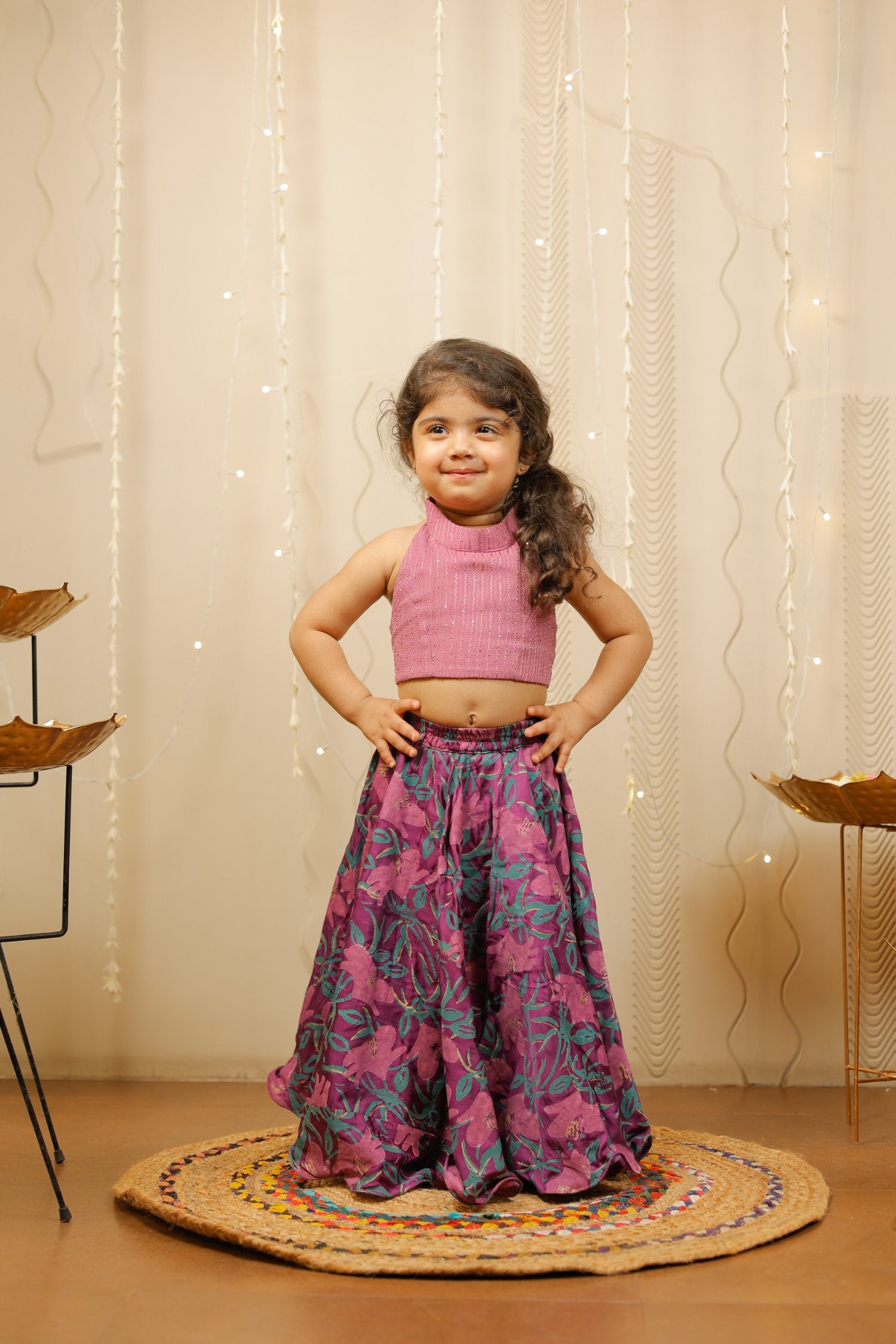 Purple Floral Skirt With Crop Top