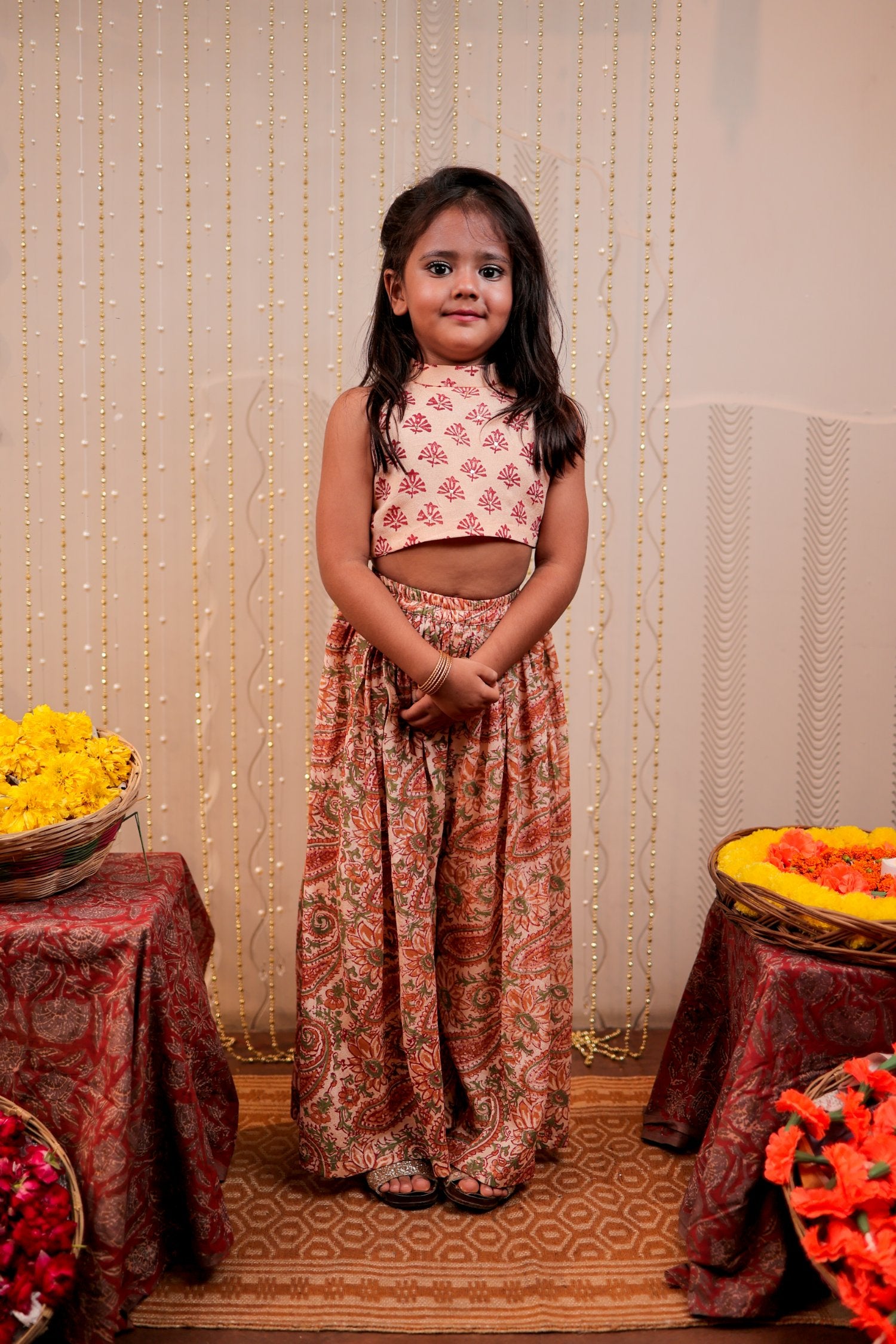 Peach Block Printed Crop Top With Sharara