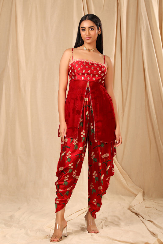 Red Spring Blossom Dhoti Set