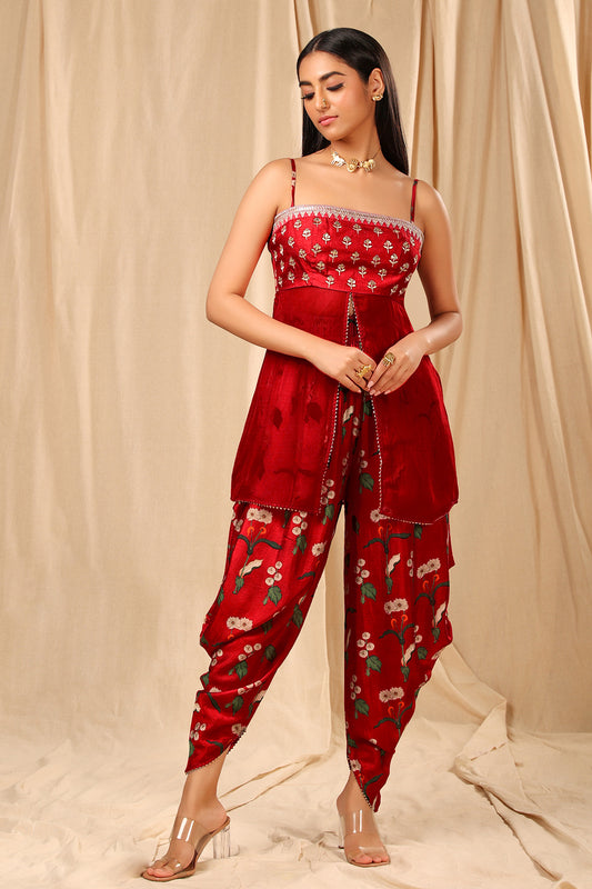 Red Spring Blossom Dhoti Set