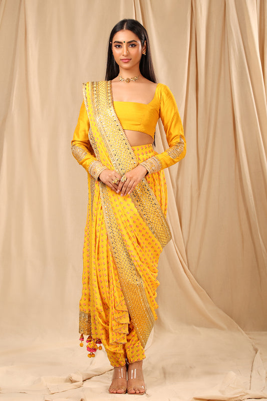 Mango Yellow Wallflower Dhoti Saree