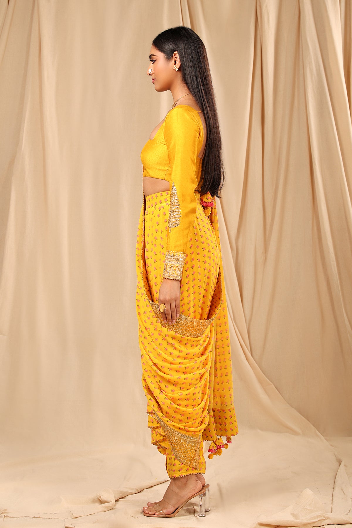 Mango Yellow Wallflower Dhoti Saree