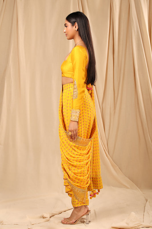 Mango Yellow Wallflower Dhoti Saree