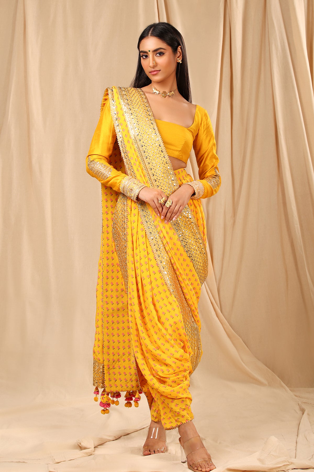 Mango Yellow Wallflower Dhoti Saree