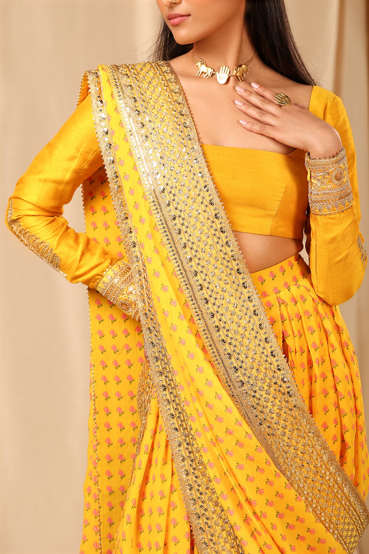 Mango Yellow Wallflower Dhoti Saree