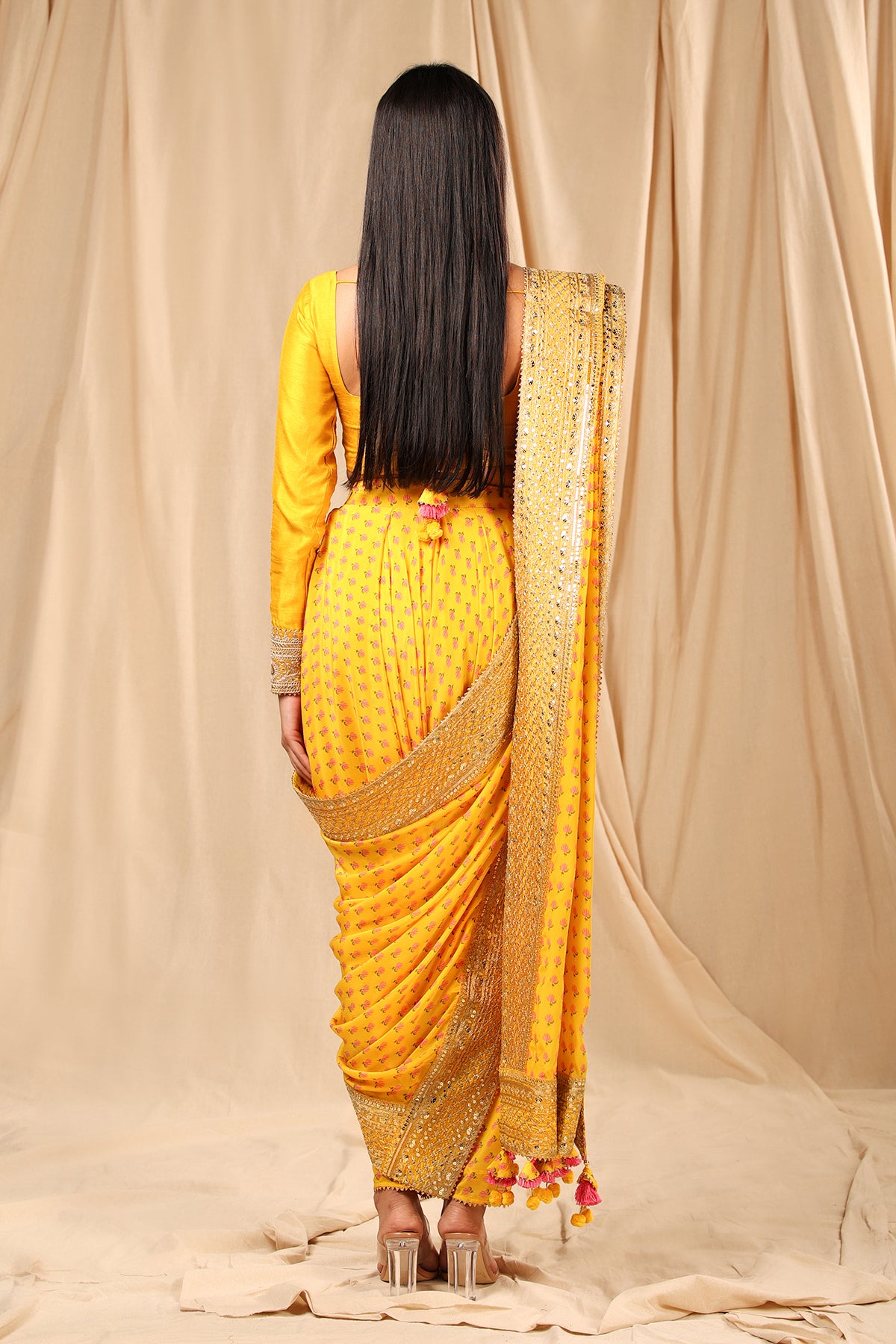 Mango Yellow Wallflower Dhoti Saree