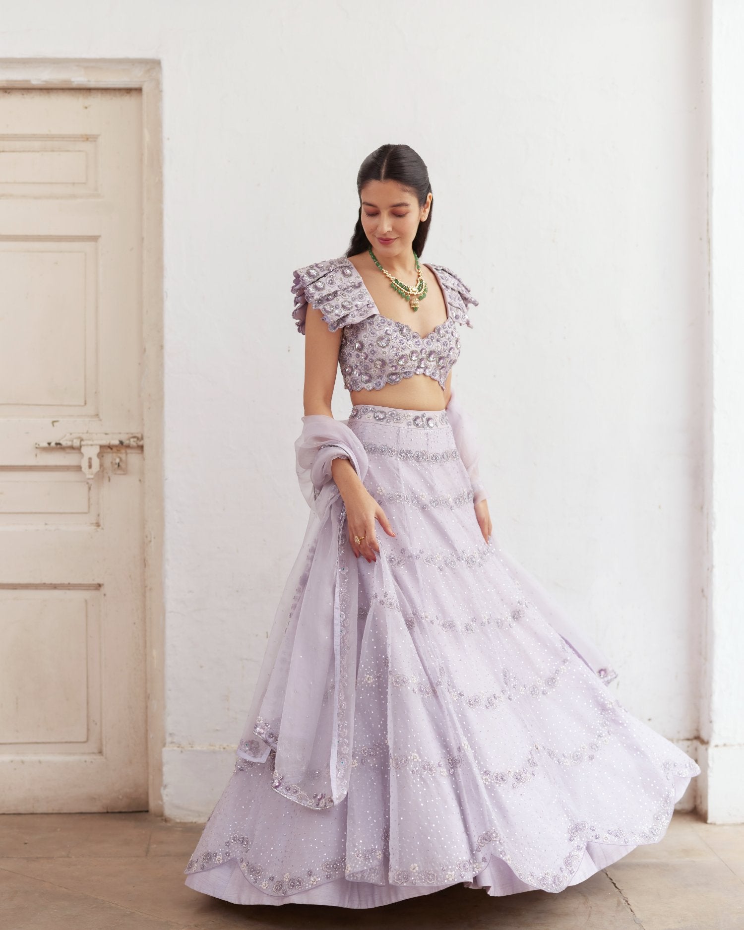 Lavender Lehenga With Stylised Blouse