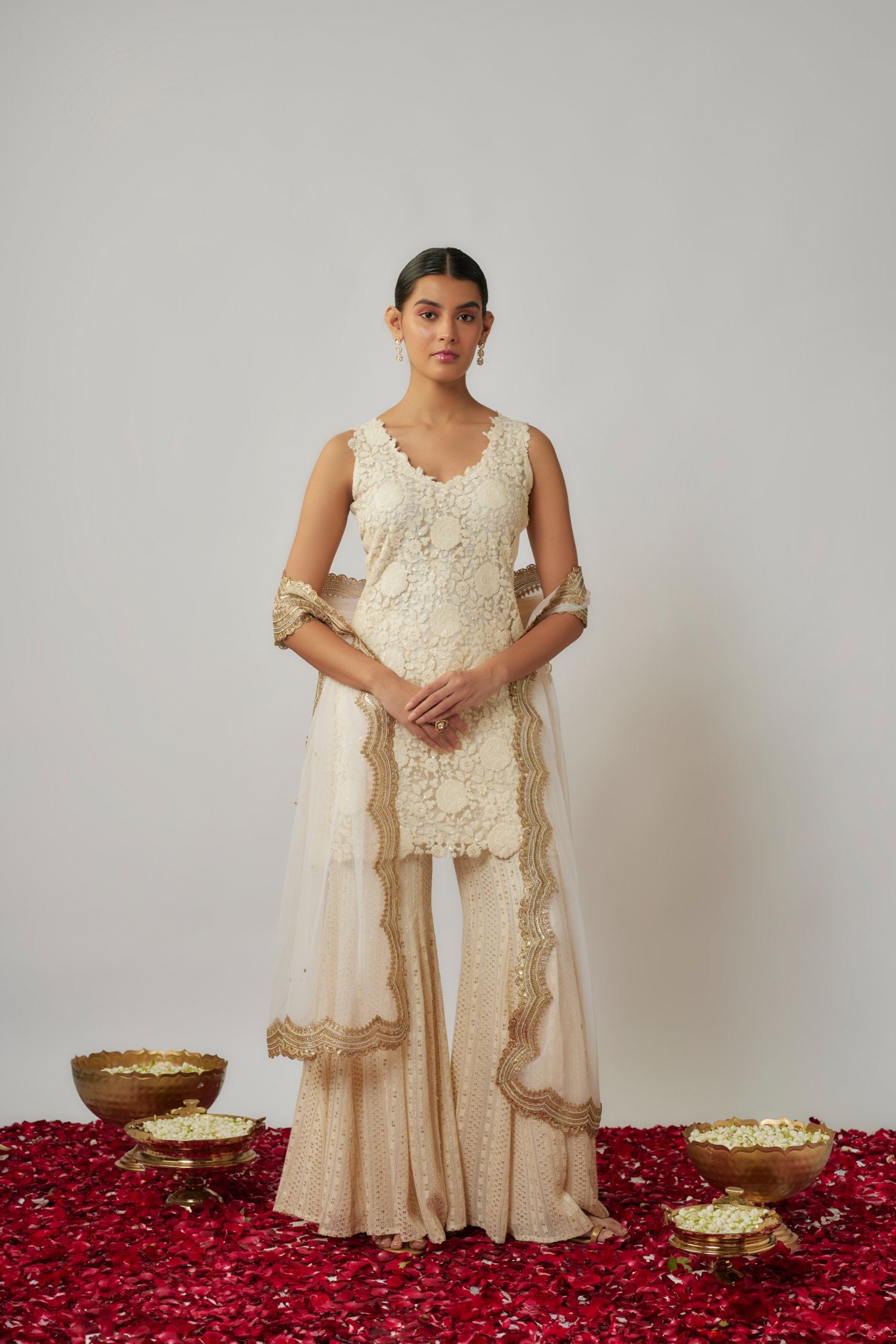 Ivory Sequin And Thread Georgette Kurta Sharara Set