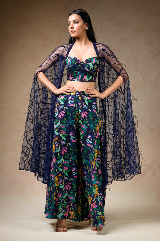 Bustier With Sharara And Feather Cape