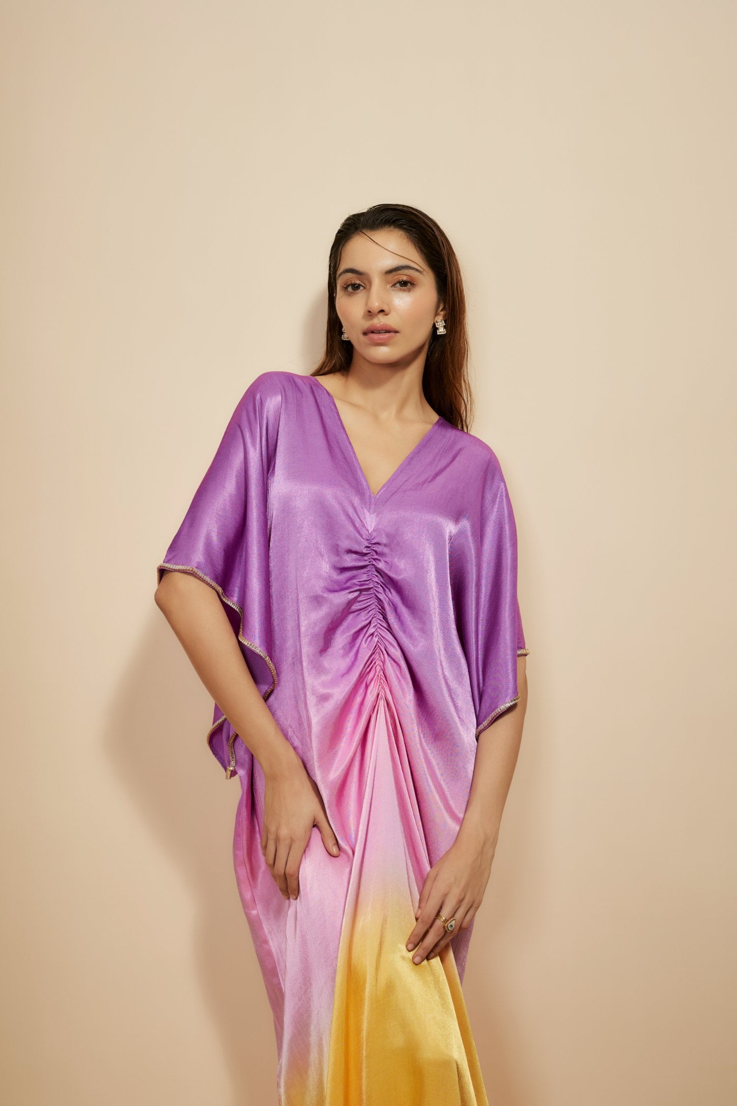 Mustard To Lilac Ombre Embroidered Kaftan