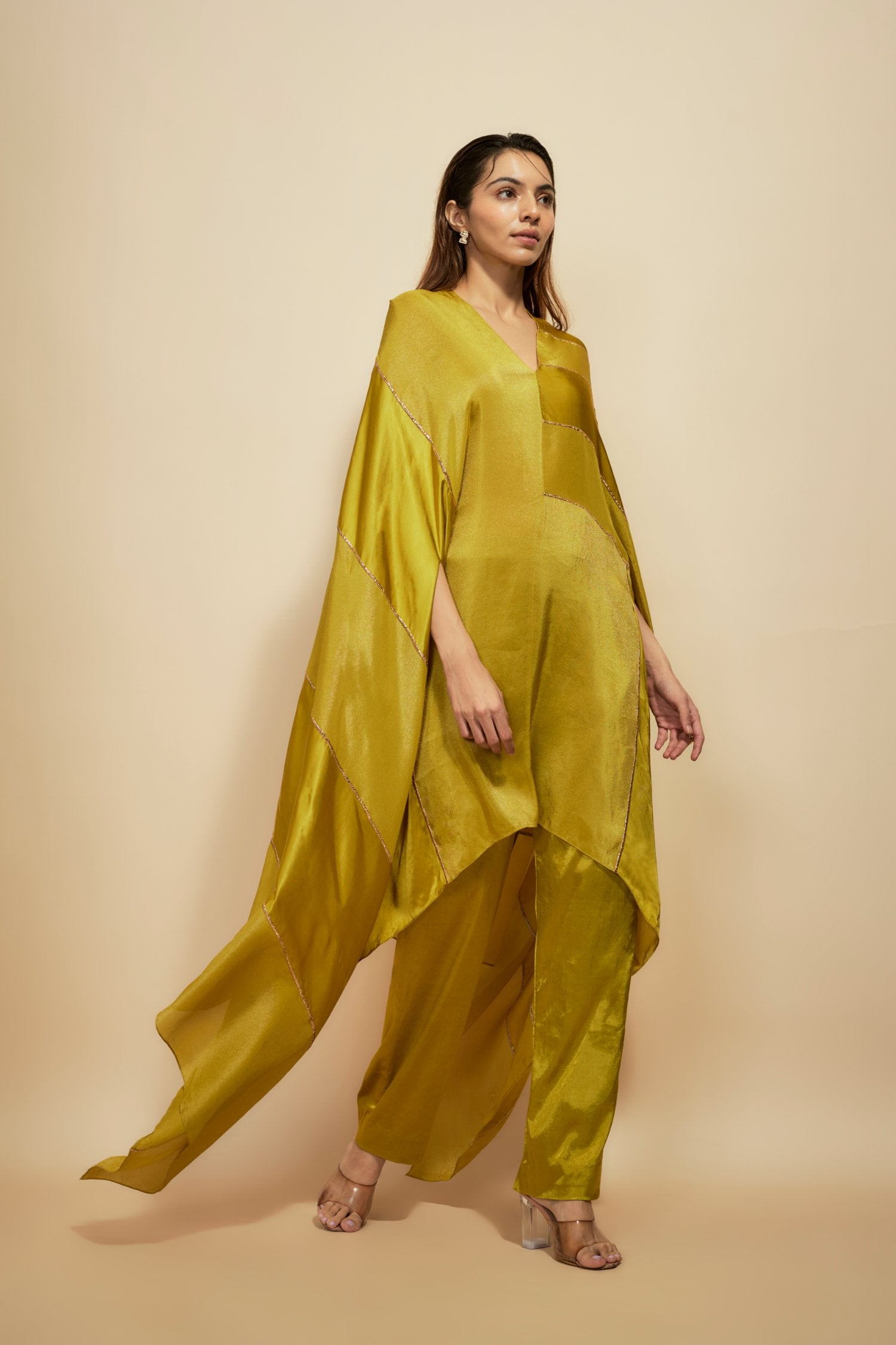 Mustard Block Embroidered Kaftan With Pant