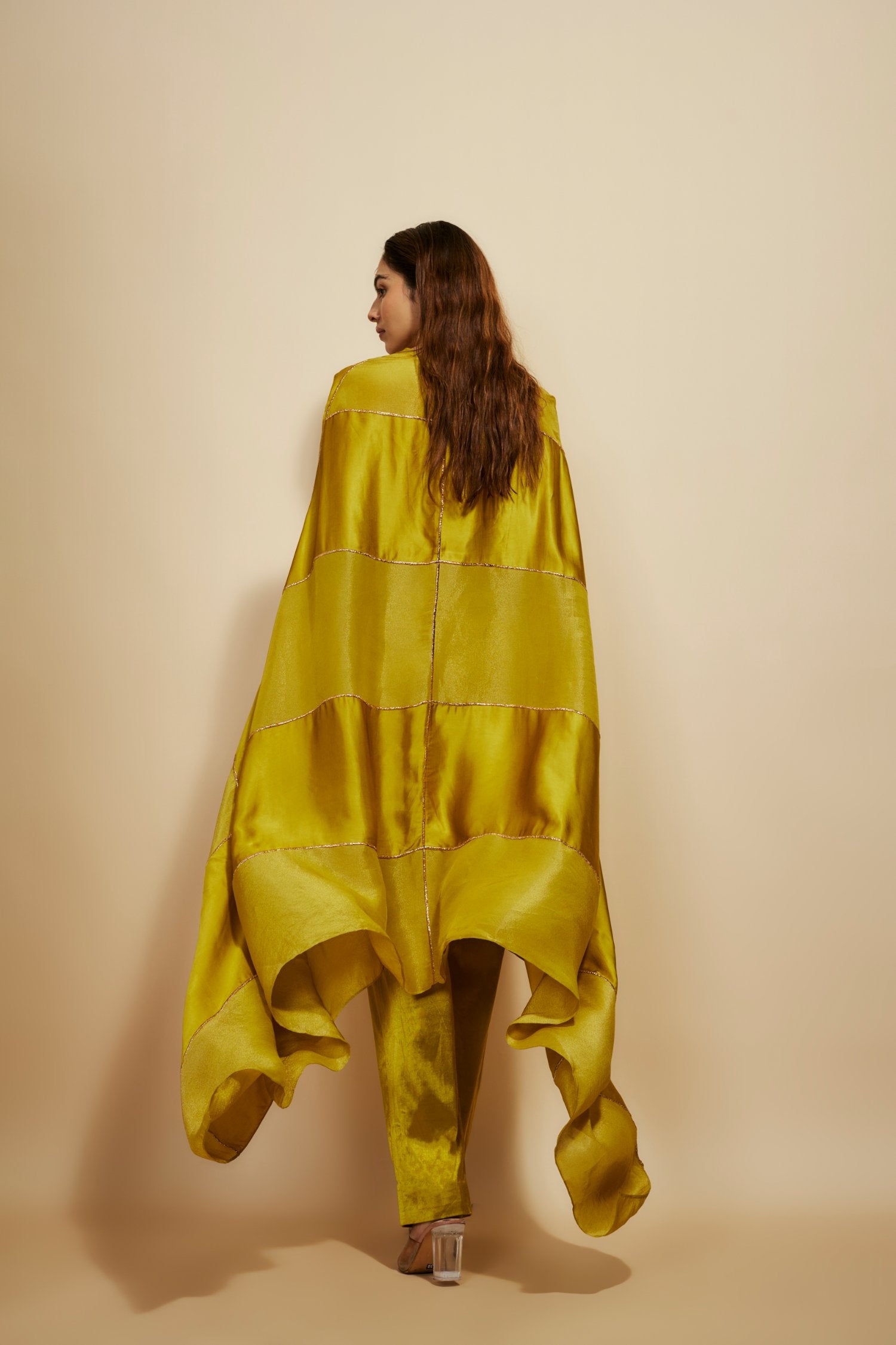 Mustard Block Embroidered Kaftan With Pant