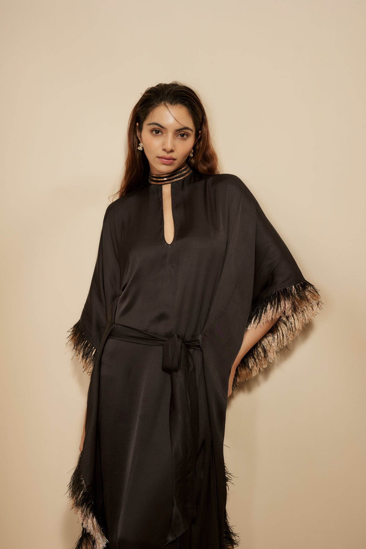 Black Embroidered Tie-Up Kaftan