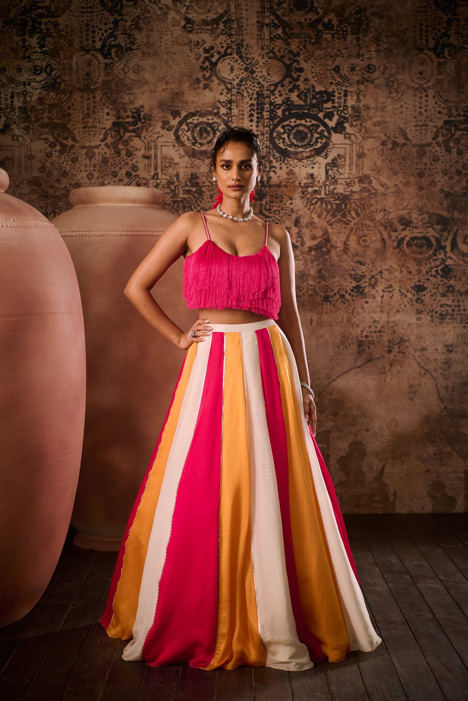 Hot Pink Top With Multicoloured Skirt