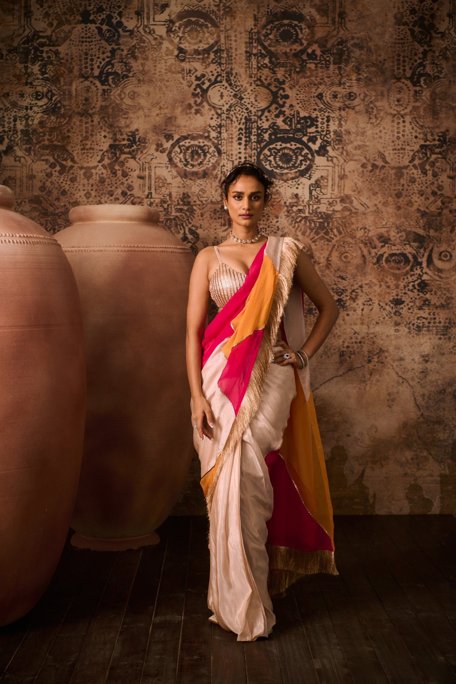 Embroidered Blouse With Multicoloured Saree