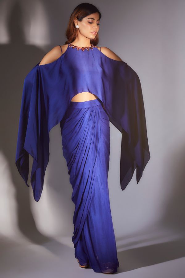 Royal Blue Skirt Set With Cape