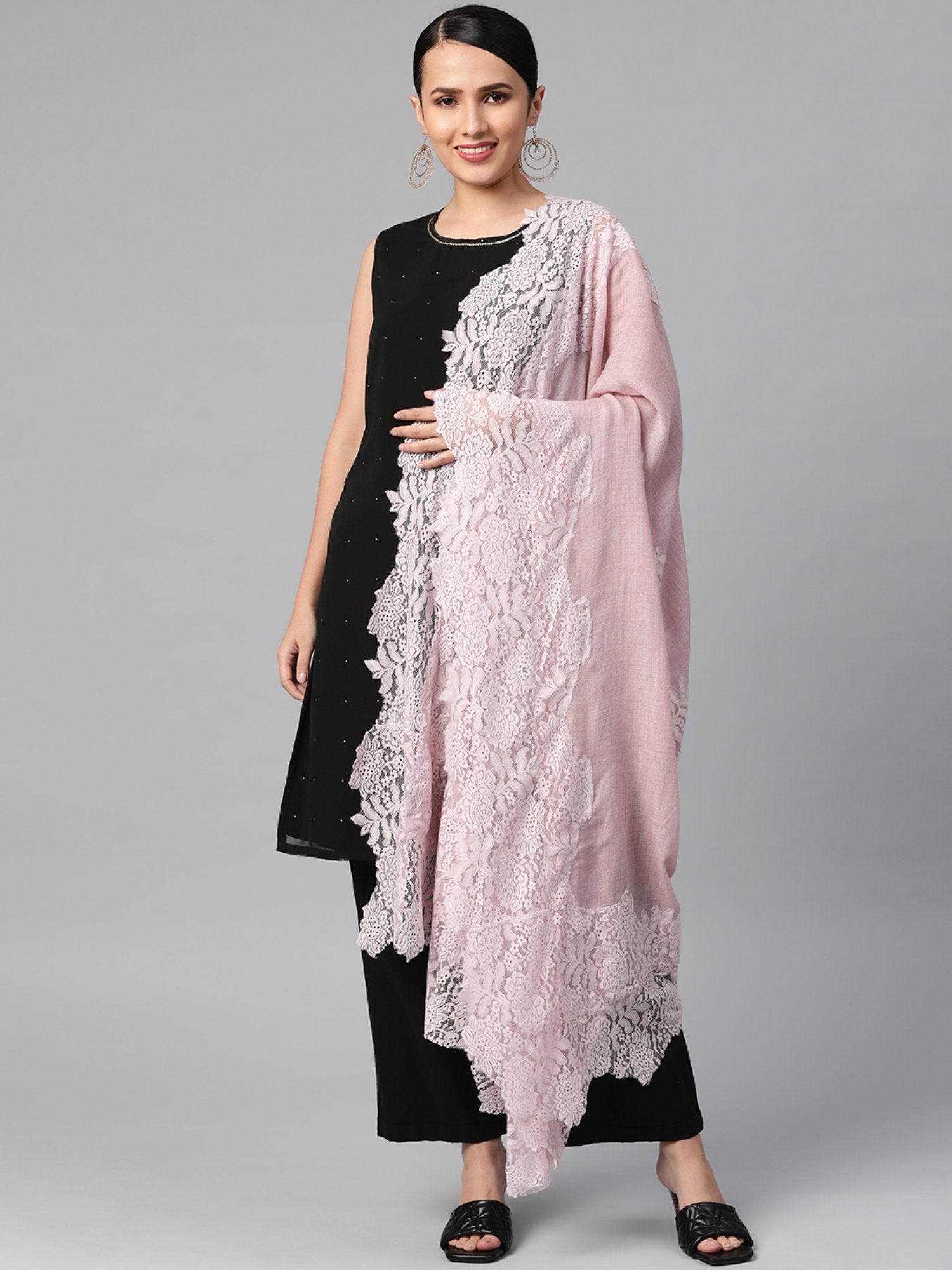 Pastel Pink Shawl Adorned With Lace