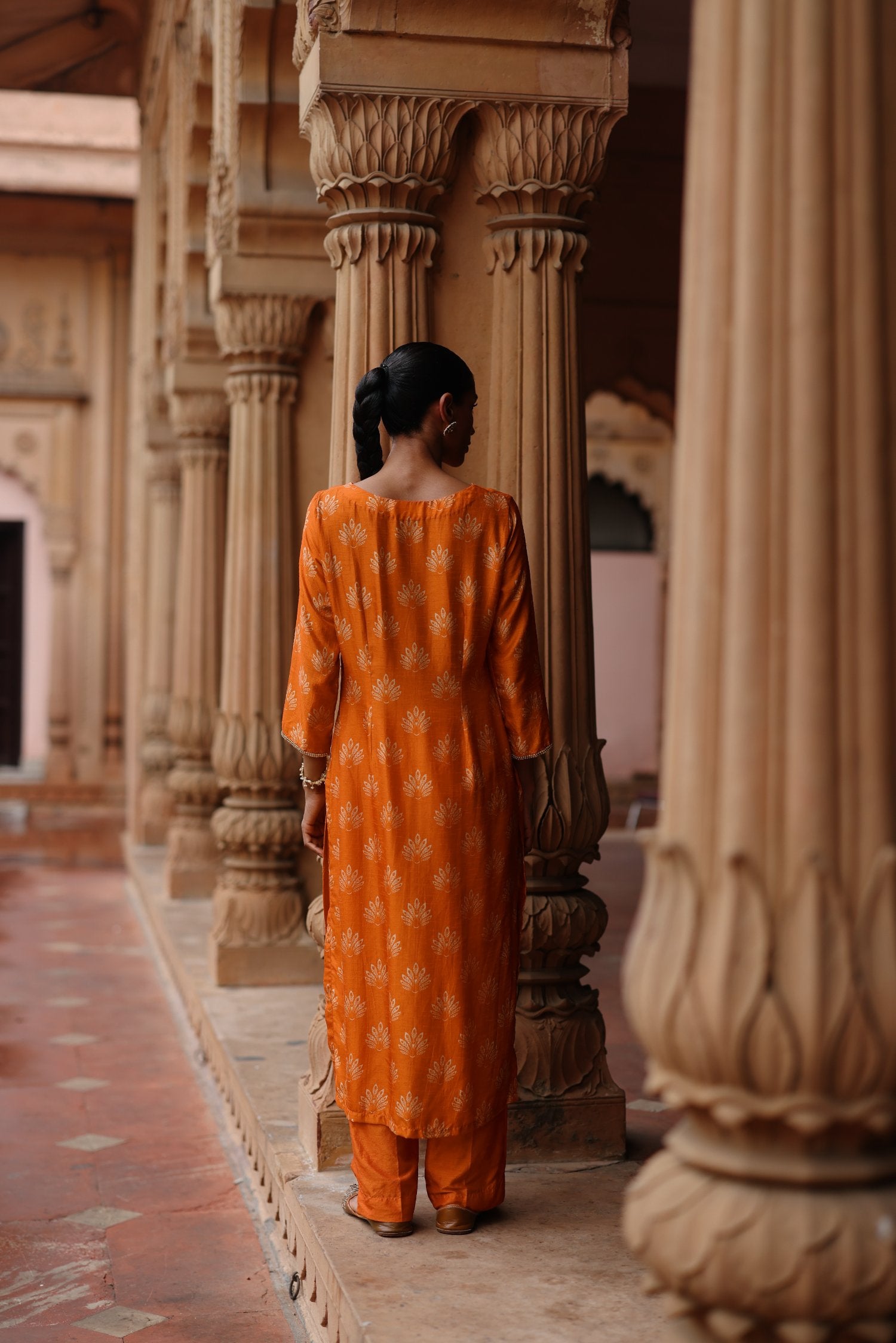 Orange Dupion Silk Printed and Embroidered Kurta Set