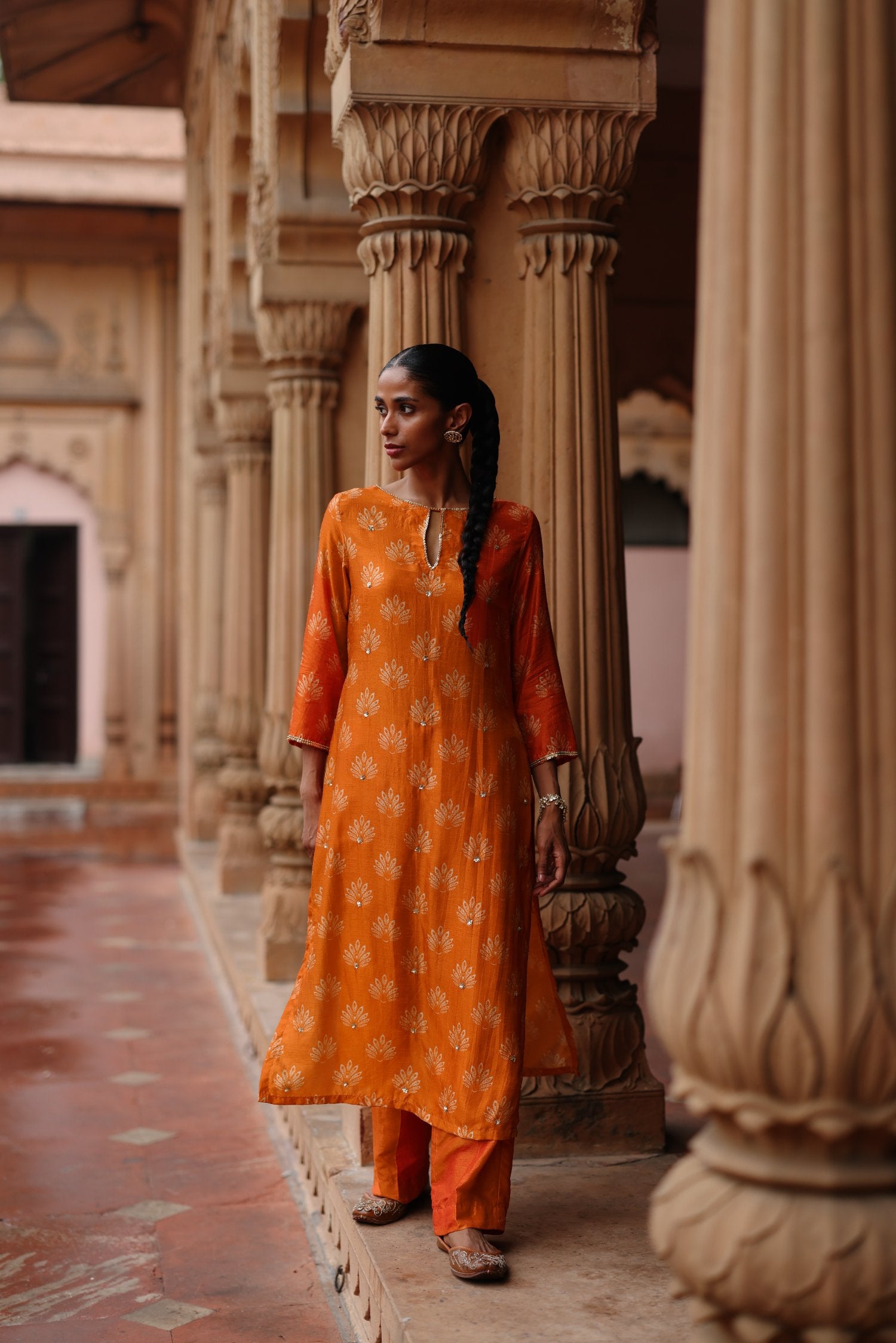 Orange Dupion Silk Printed and Embroidered Kurta Set