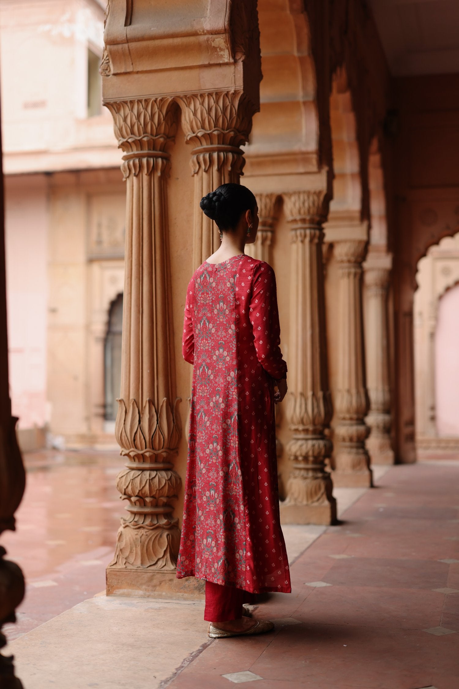 Red Printed Dupion Silk Kurta Set