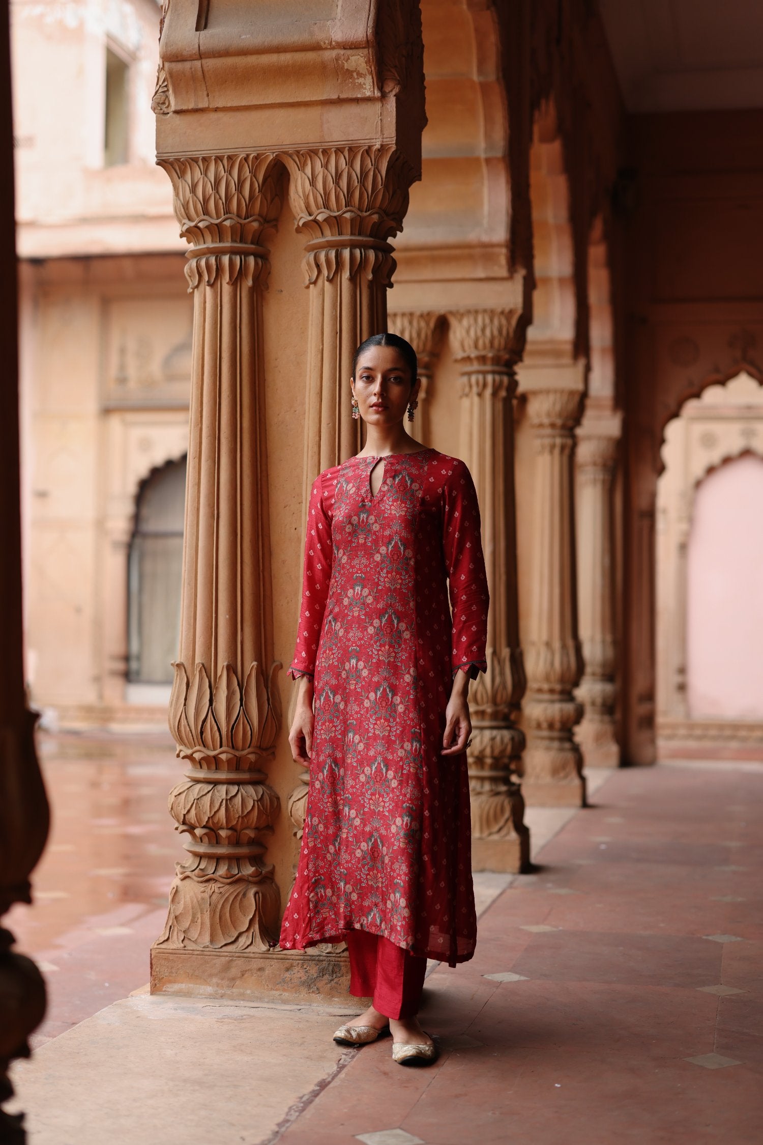 Red Printed Dupion Silk Kurta Set