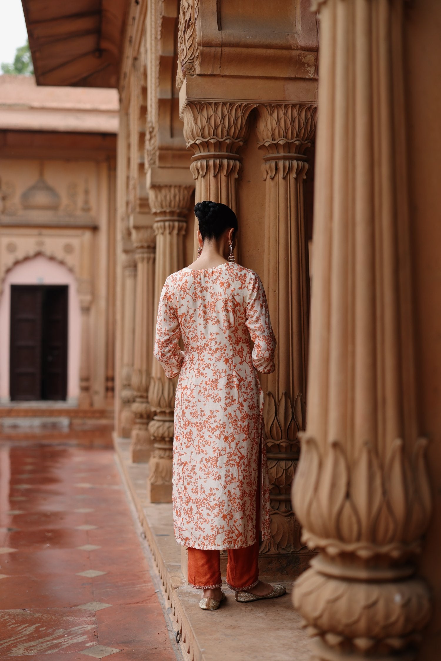 Cream Orange Printed and Hand Embroidered Dupion Silk Kurta Set