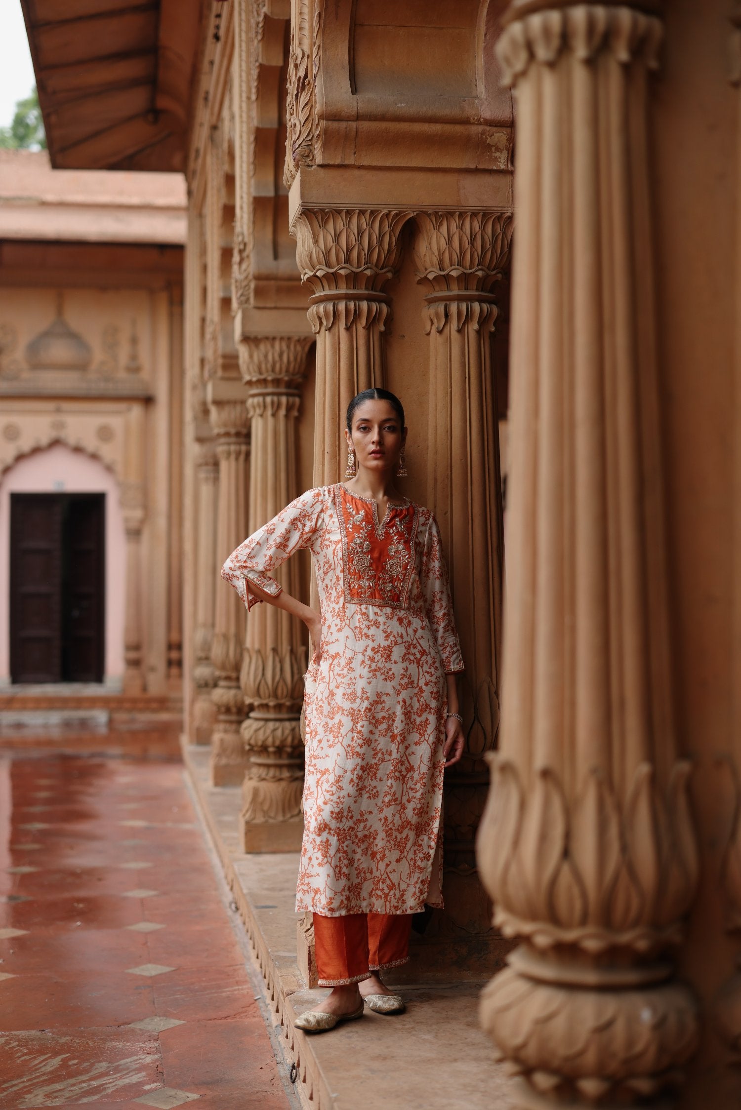 Cream Orange Printed and Hand Embroidered Dupion Silk Kurta Set