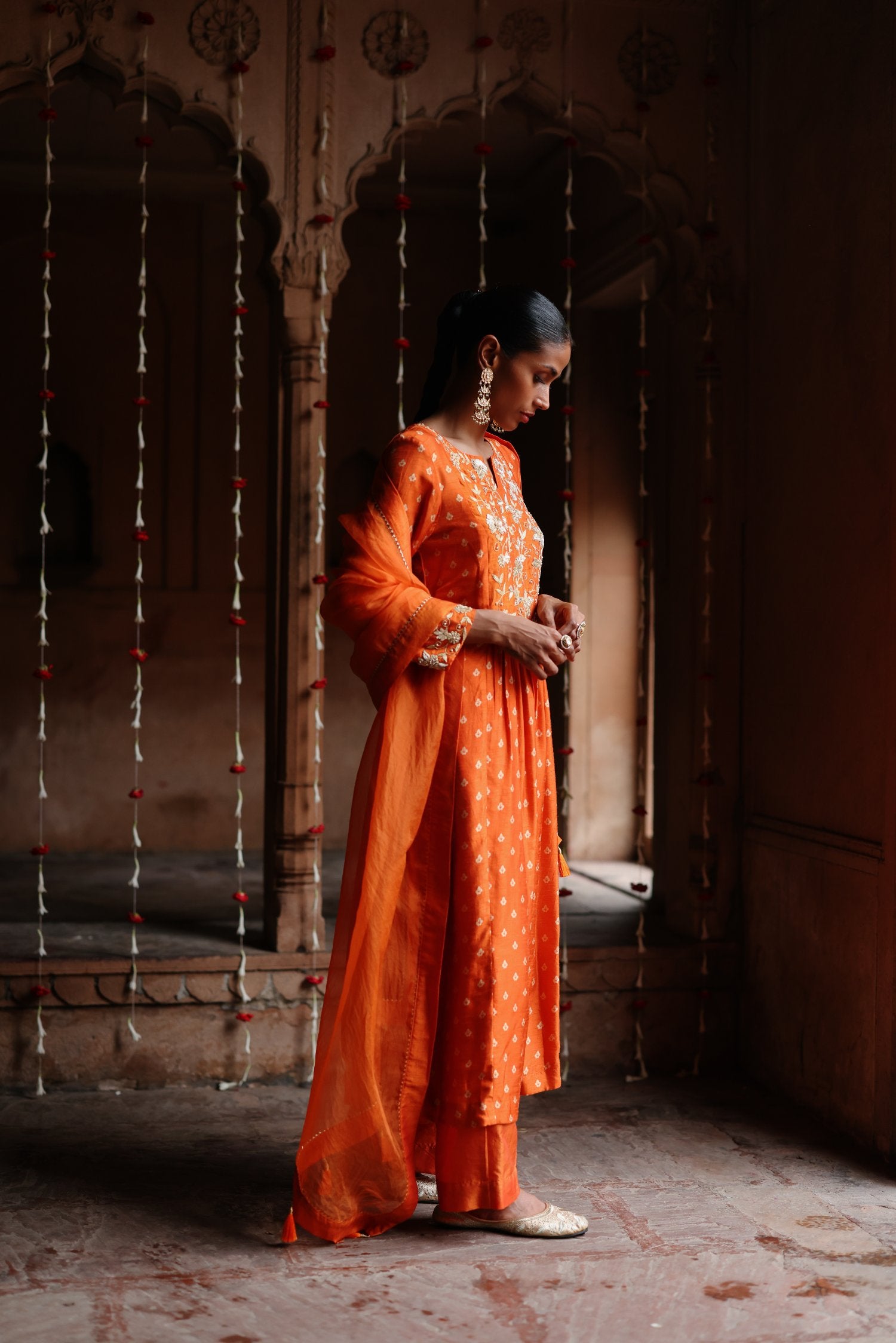 Orange Printed and Hand Embroidered Dupion Silk Kurta Set