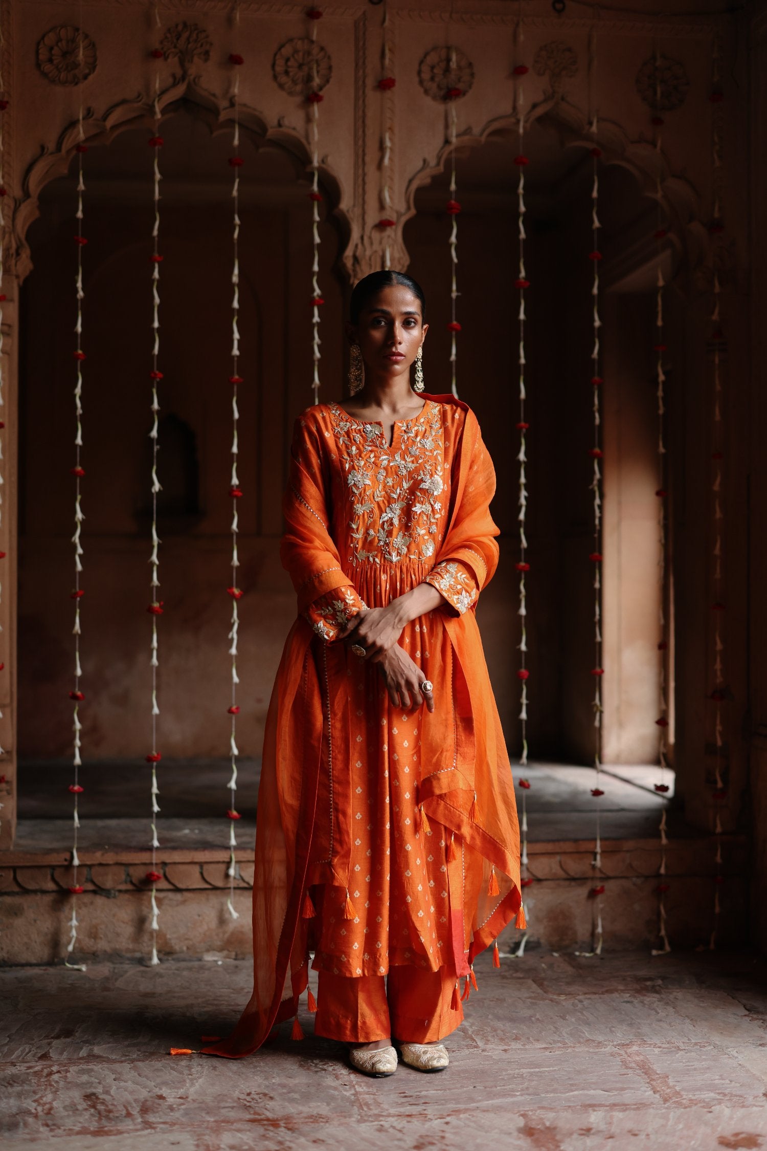 Orange Printed and Hand Embroidered Dupion Silk Kurta Set