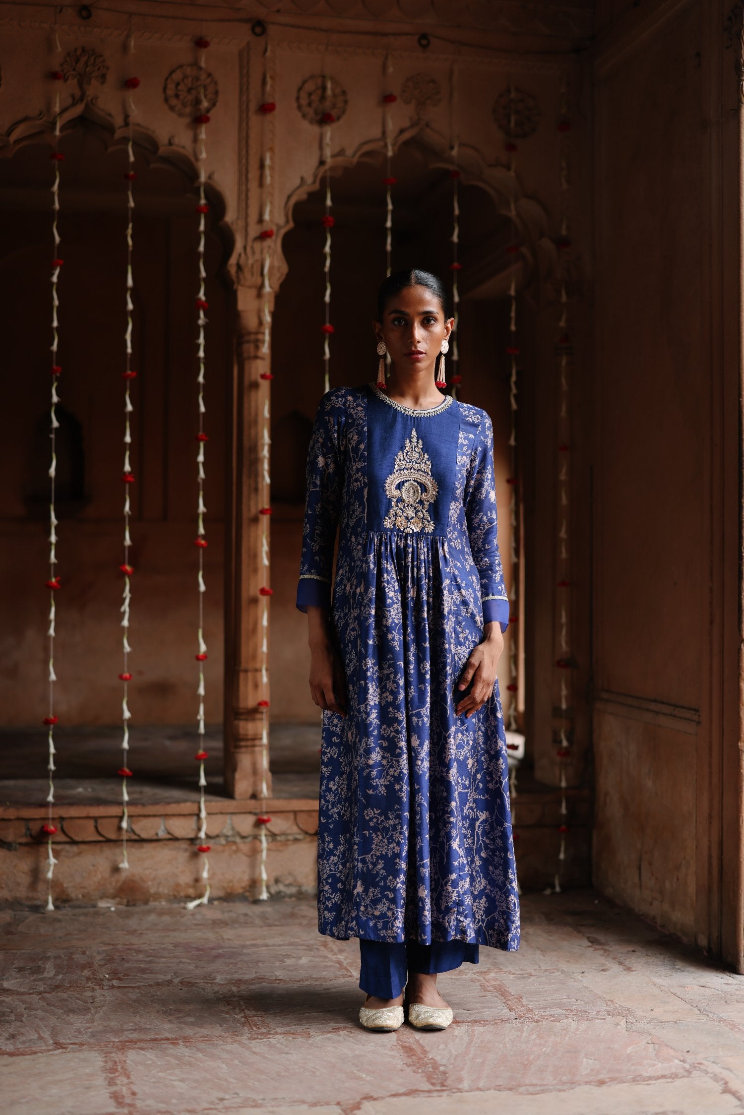 Blue Printed and Hand Embroidered Dupion Silk Kurta Set