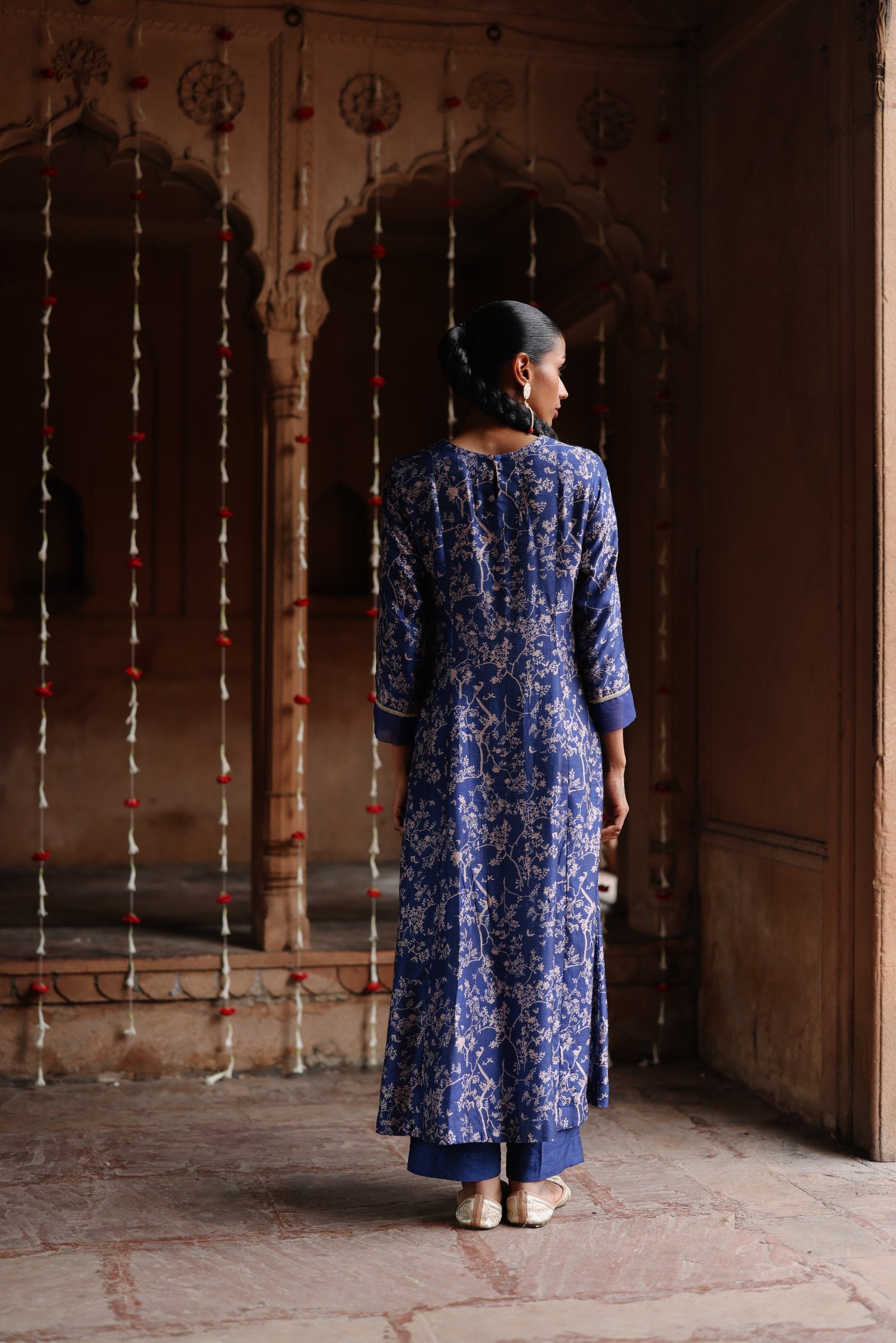 Blue Printed and Hand Embroidered Dupion Silk Kurta Set