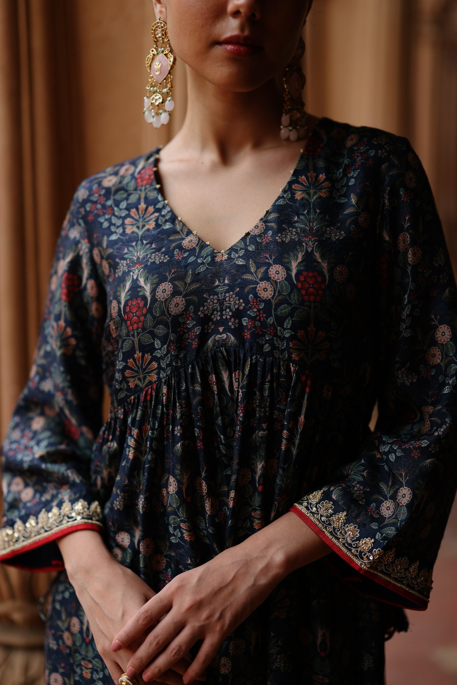 Blue Printed and Hand Embroidered Dupion Silk Kurta Set