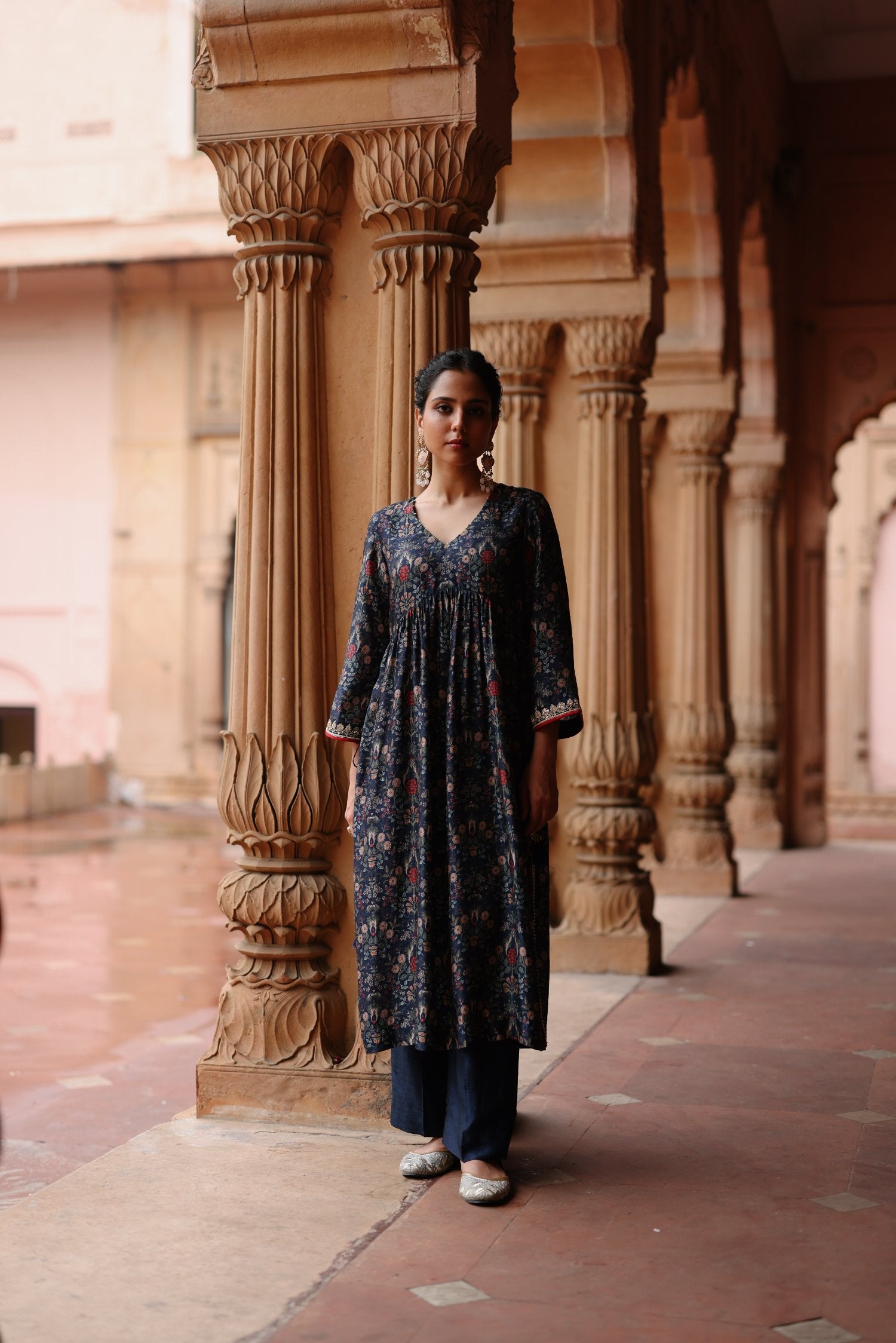 Blue Printed and Hand Embroidered Dupion Silk Kurta Set