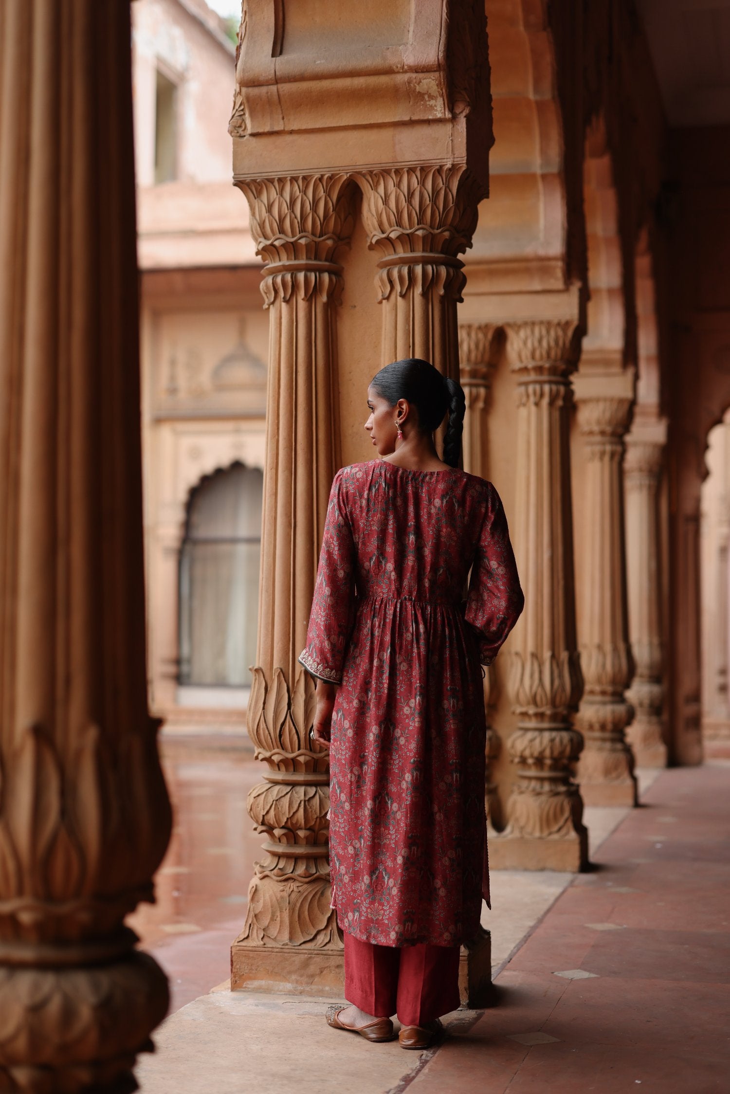 Red Printed and Hand Embroidered Dupion Silk Kurta Set