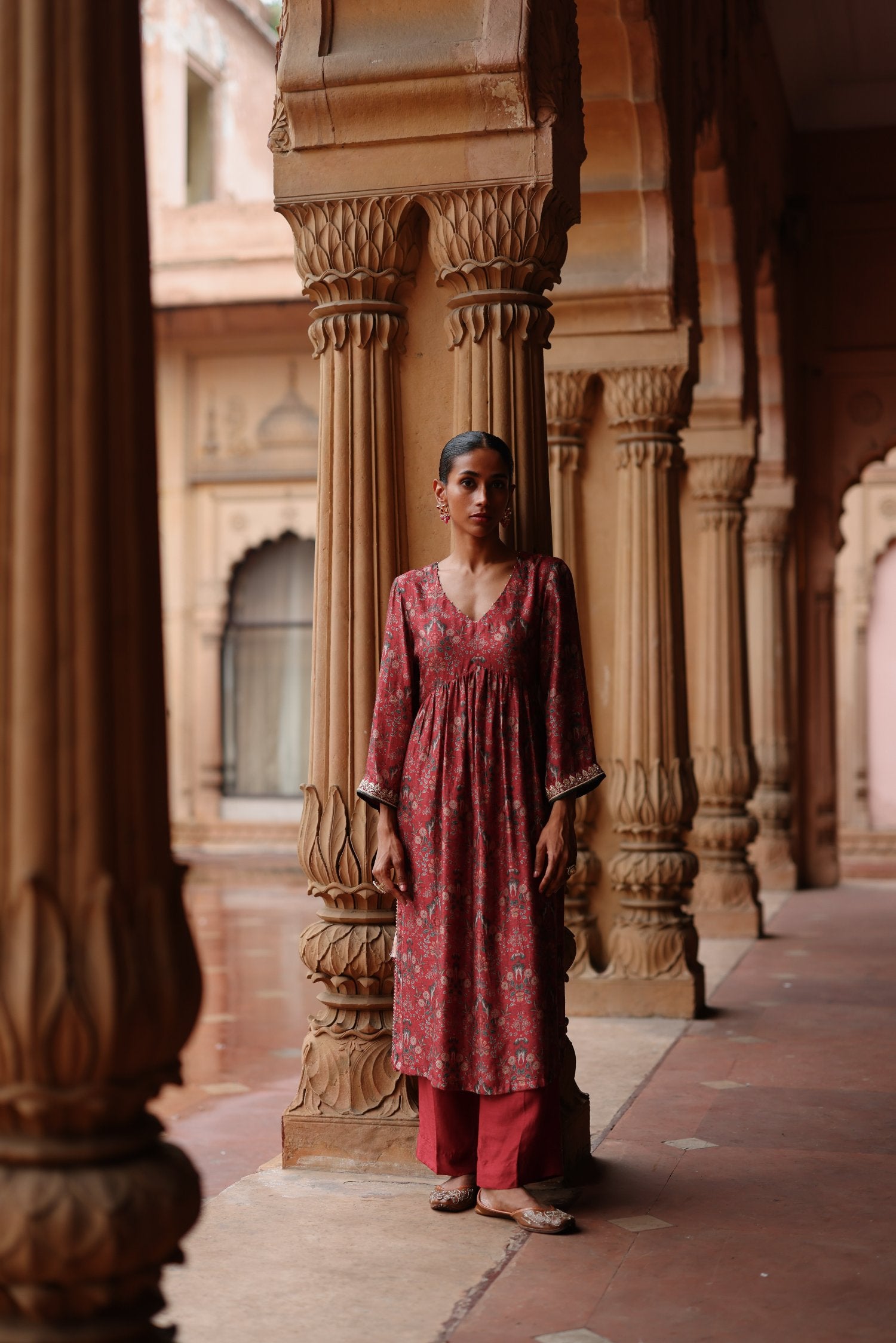 Red Printed and Hand Embroidered Dupion Silk Kurta Set