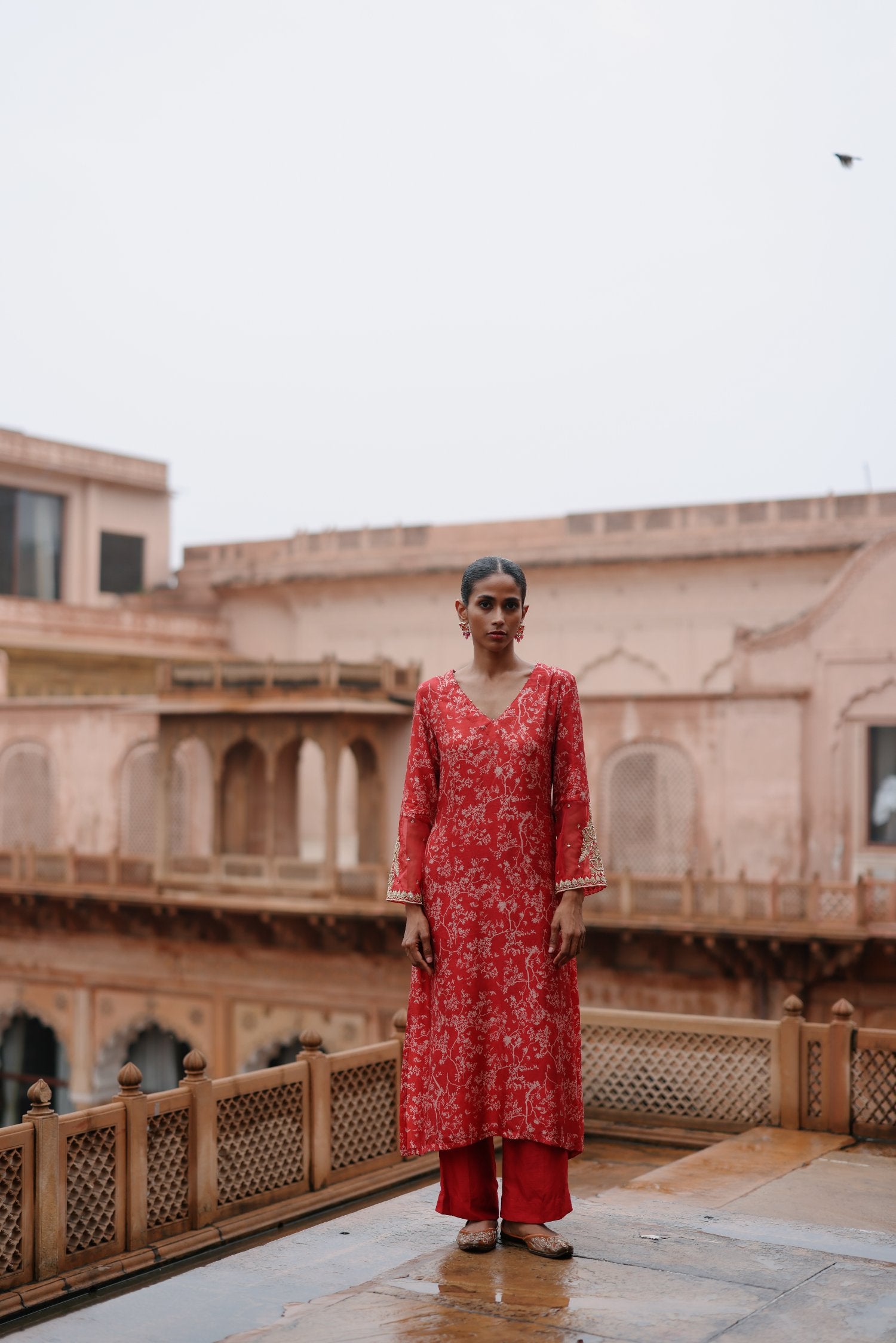 Red Printed and Hand Embroidered Dupion Silk Kurta Set