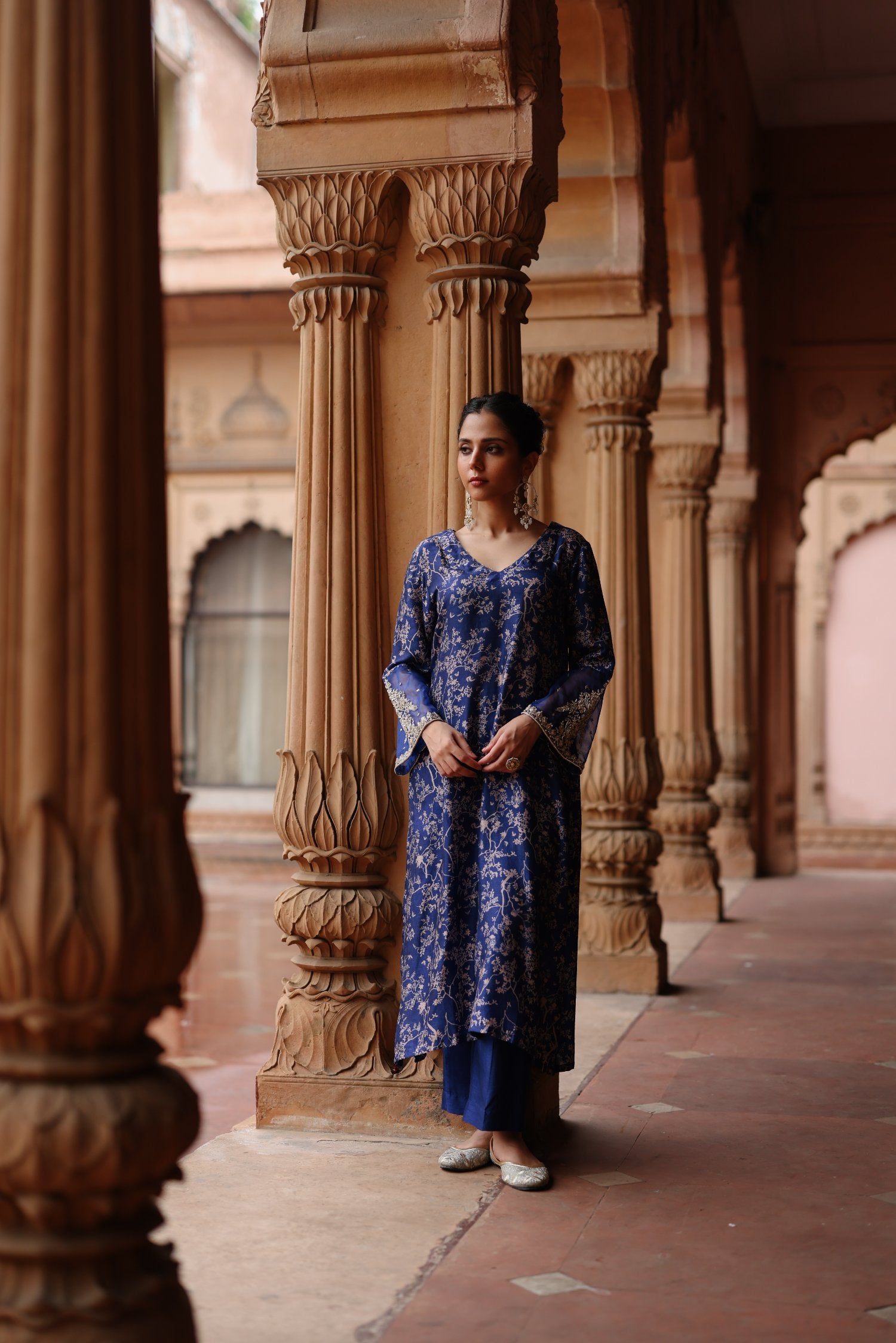 Blue Printed and Hand Embroidered Dupion Silk Kurta Set