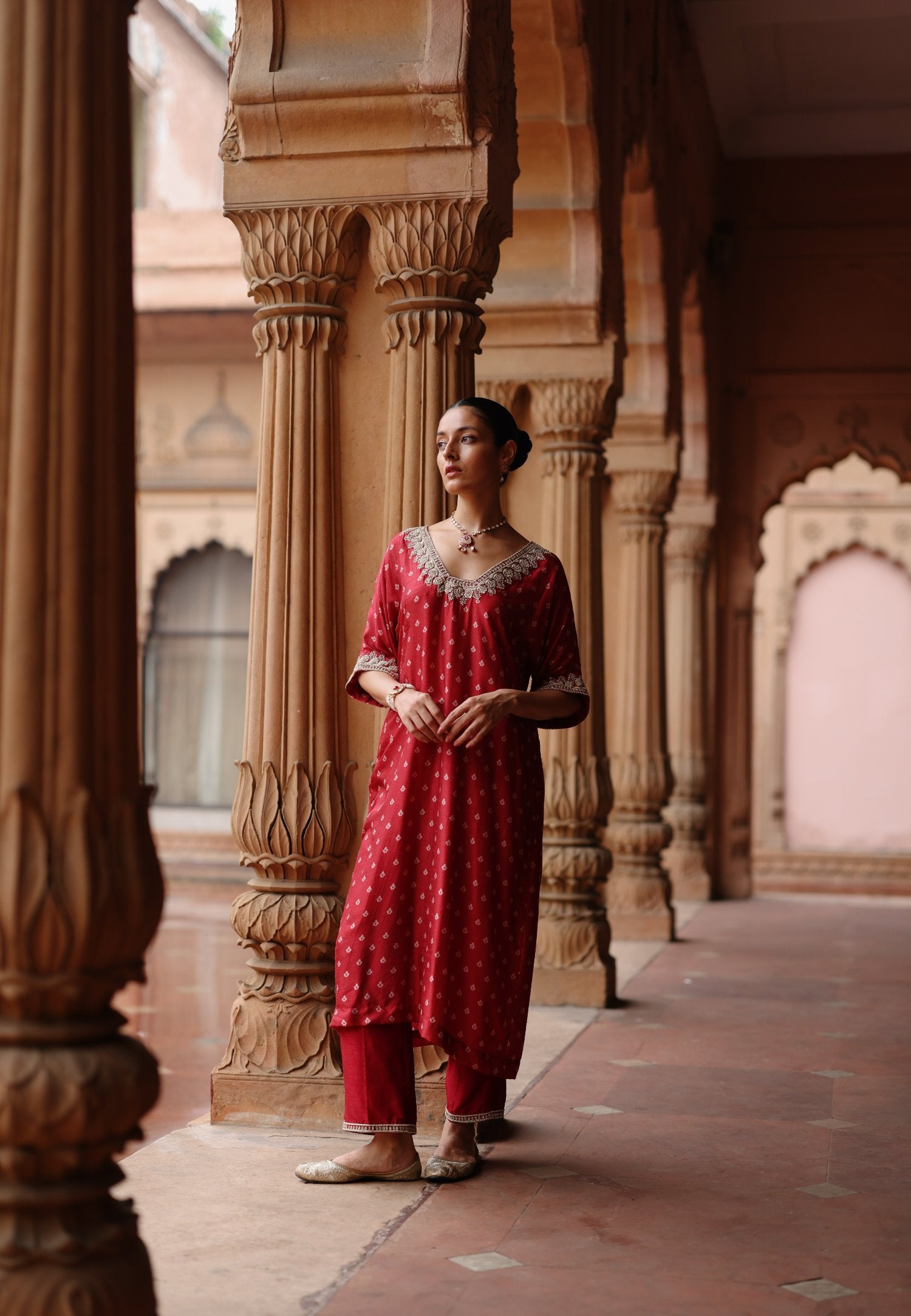 Red Printed and Hand Embroidered Dupion Silk Kurta Set