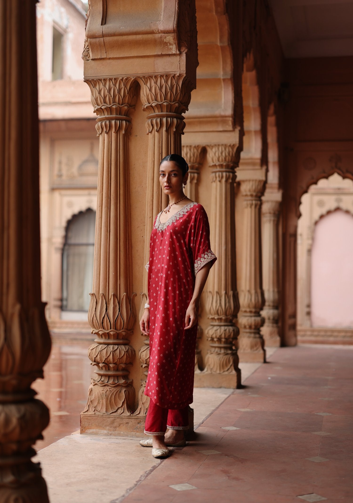 Red Printed and Hand Embroidered Dupion Silk Kurta Set